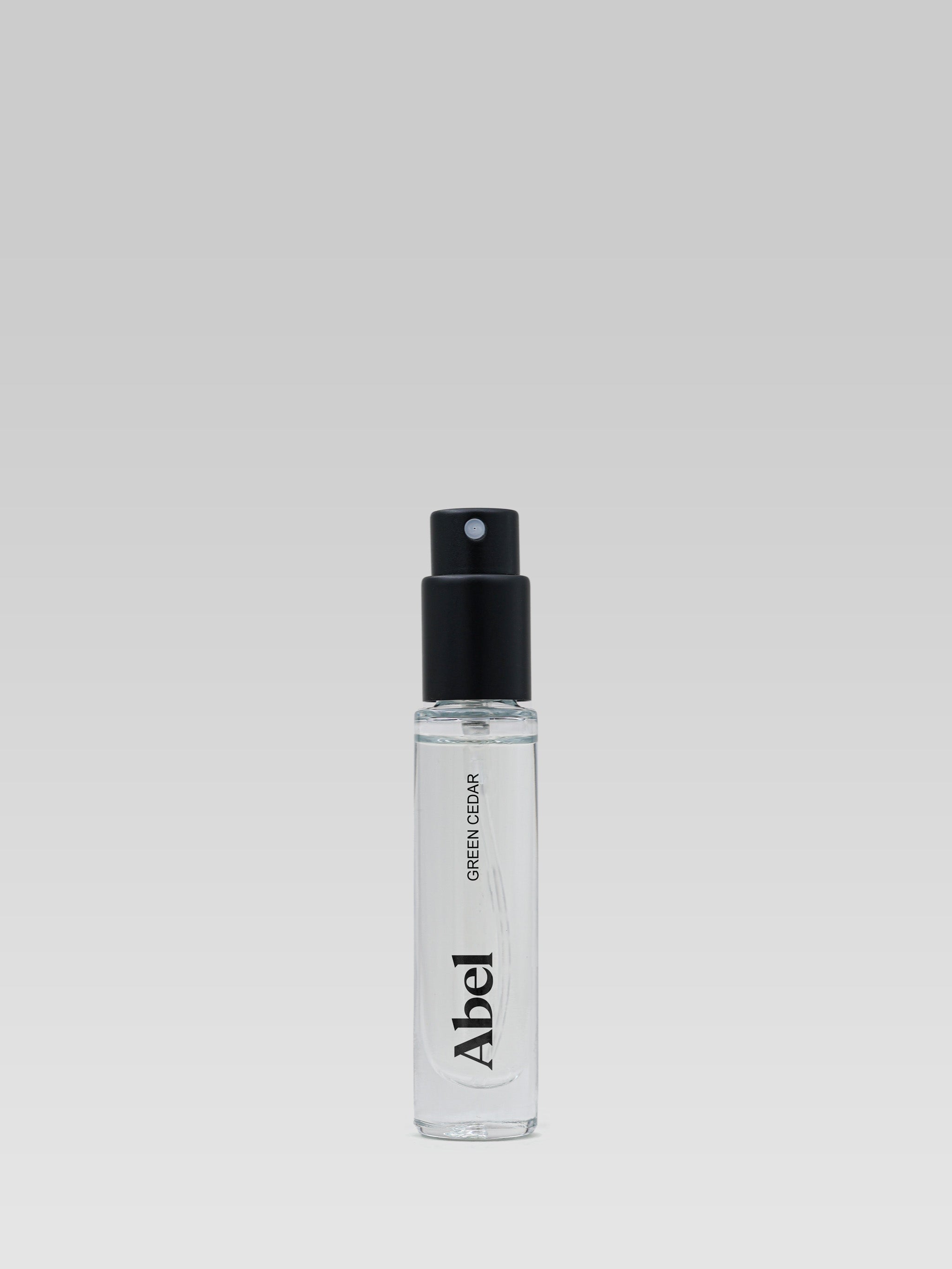 ABEL Green Cedar 100% Natural Eau de Parfum 7 ml travel size bottle on grey background