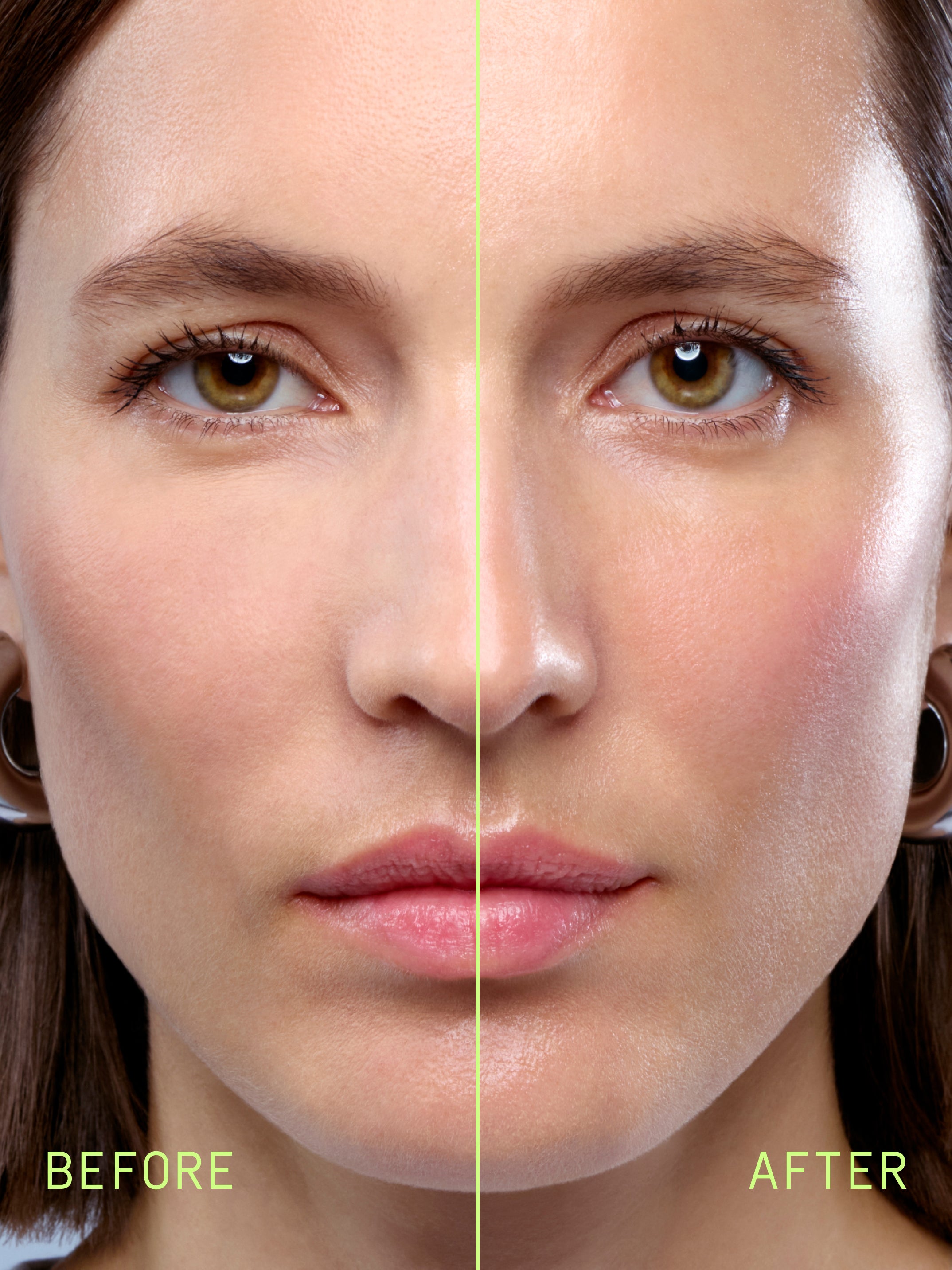 Model Face before and after application of the MIMÉTIQUE Everyday 50 Invisible Face Fluid SPF50 UVA + UVB