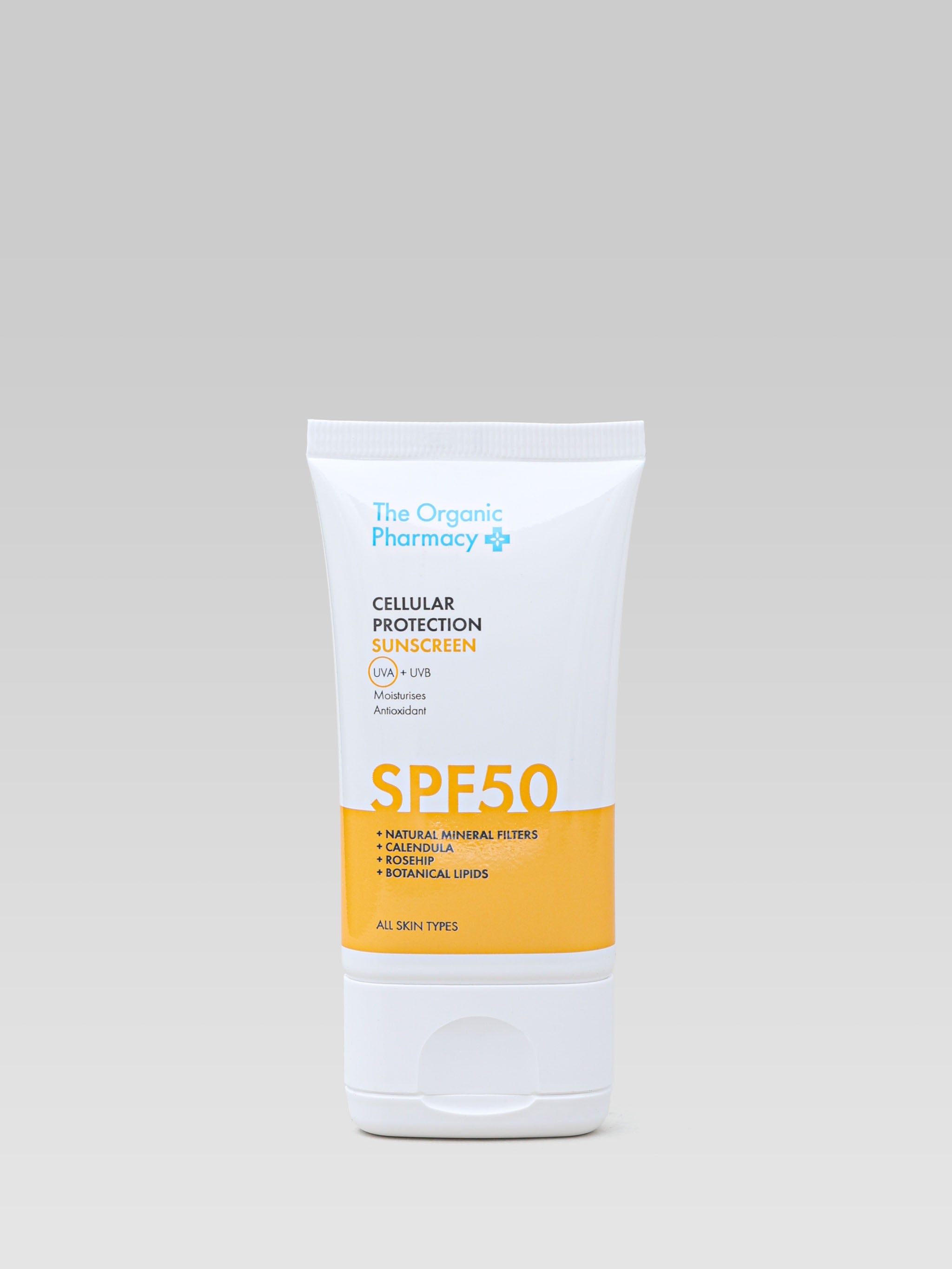 THE ORGANIC PHARMACY Cellular Protection Sun Cream SPF 50 with natural mineral filters calendula rosehip botanical lipids product shot