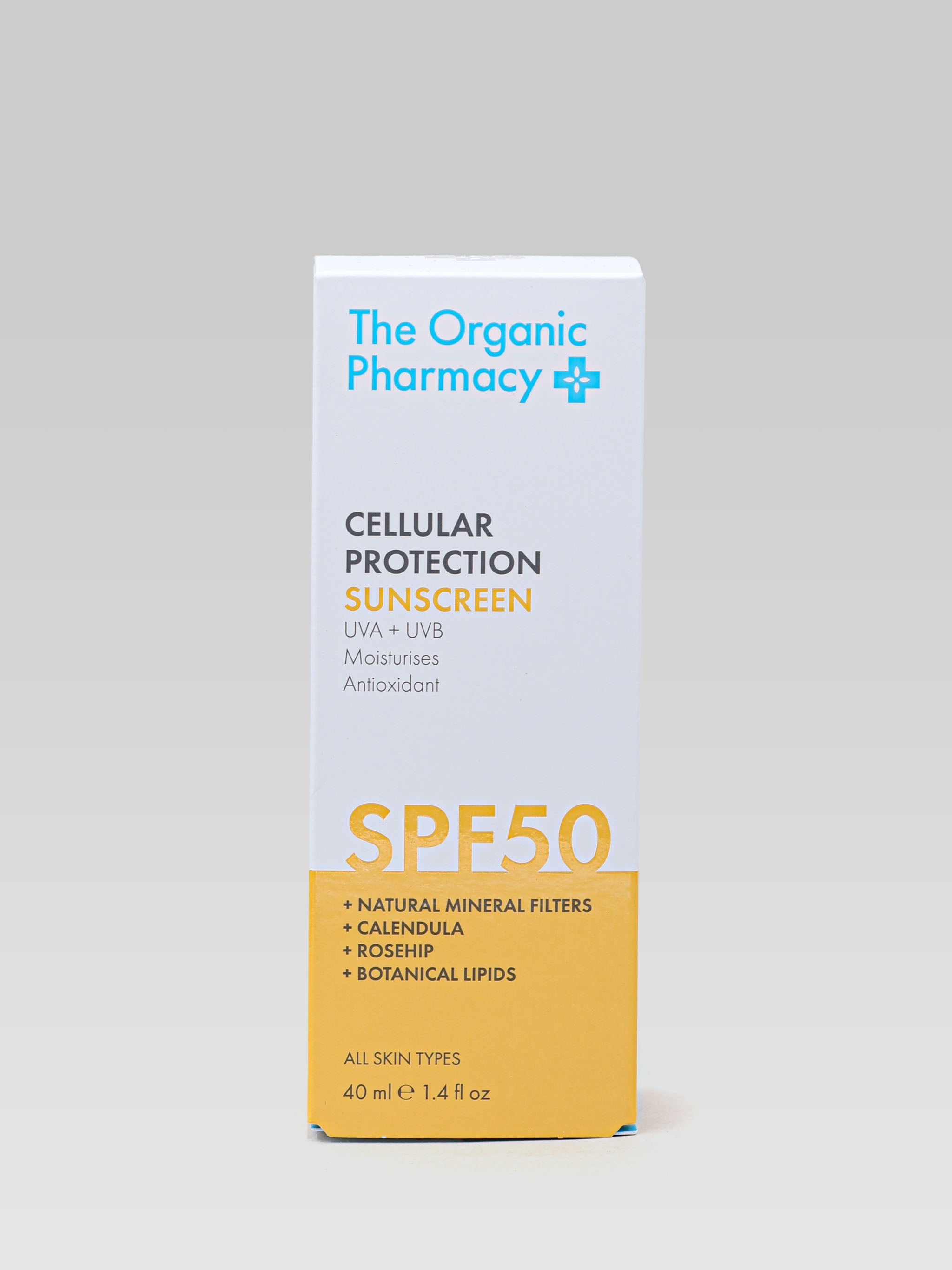THE ORGANIC PHARMACY Cellular Protection Sun Cream SPF 50 with natural mineral filters calendula rosehip botanical lipids packaging