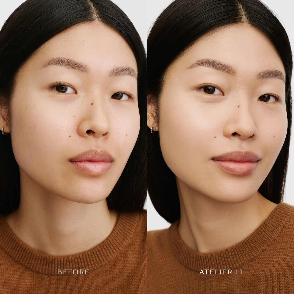 Before & After of a Model wearing the WESTMAN ATELIER Suprême Bio-Complex Liquid Foundation in the shade L1