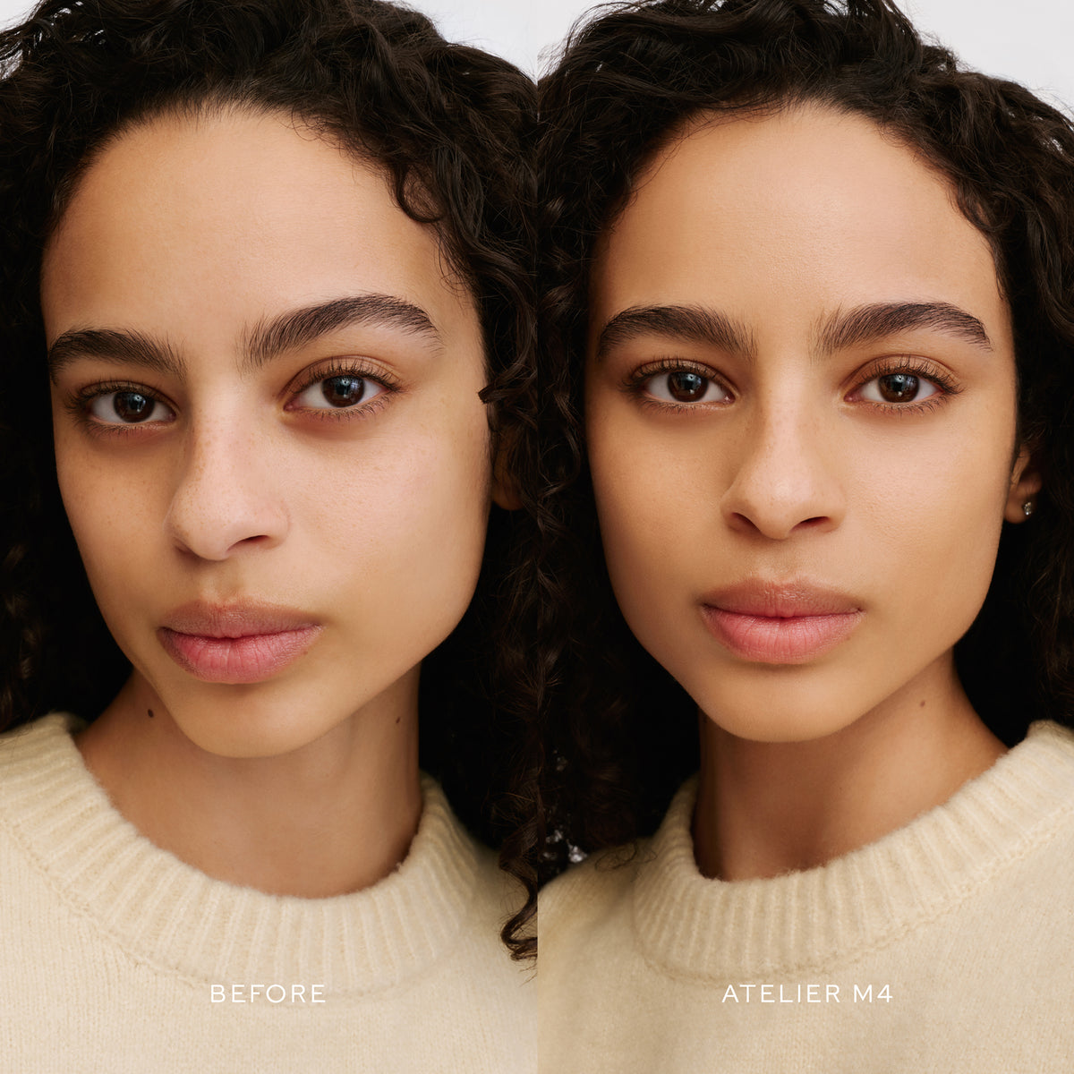 Before & After of a Model wearing the WESTMAN ATELIER Suprême Bio-Complex Liquid Foundation in the shade M4
