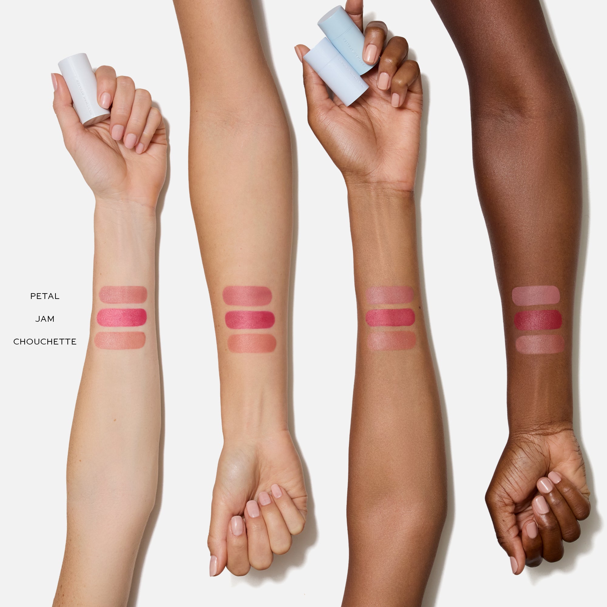 WESTMAN ATELIER Baby Cheeks Blush Stick Petite Trio arm swatches