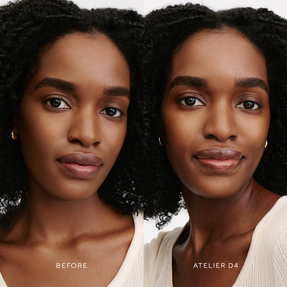 Before & After of a Model wearing the WESTMAN ATELIER Suprême Bio-Complex Liquid Foundation in the shade D4