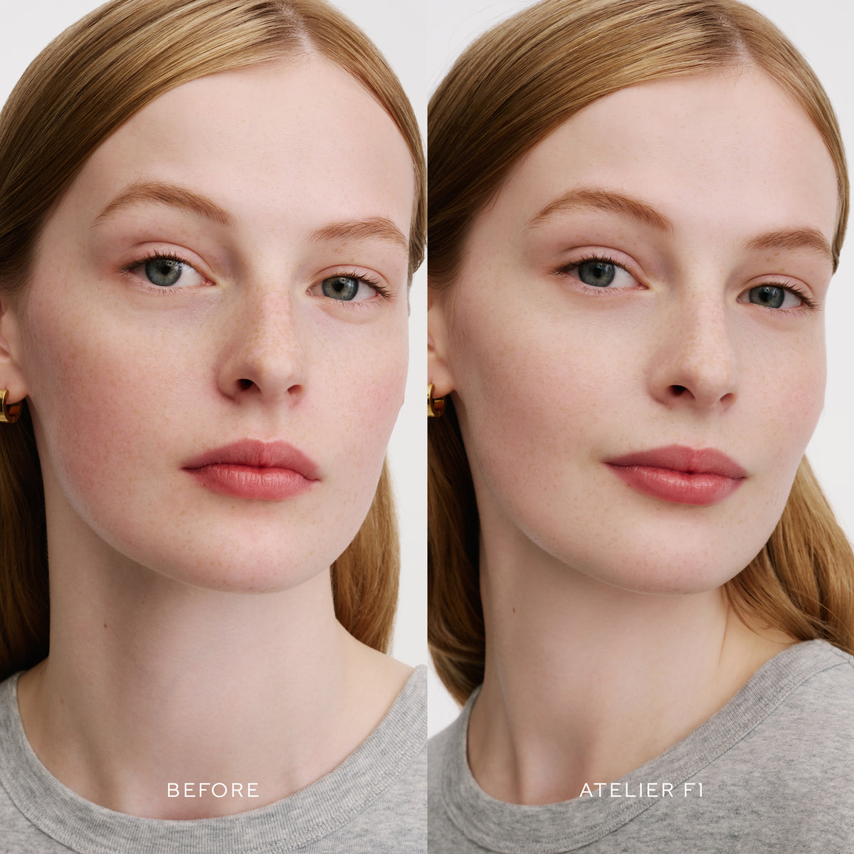 Before & After of a Model wearing the WESTMAN ATELIER Suprême Bio-Complex Liquid Foundation in the shade F1