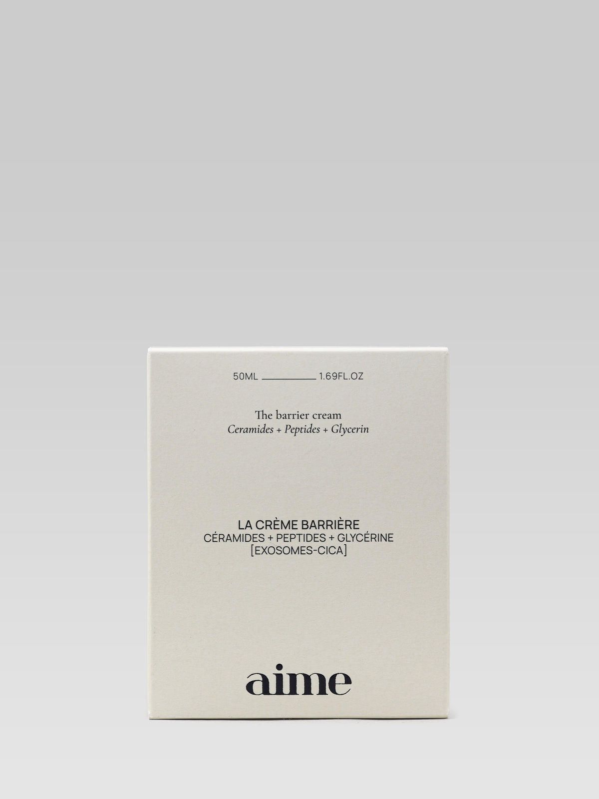 AIME The Barrier Cream skincare packaging with ceramides, peptides and glycerin