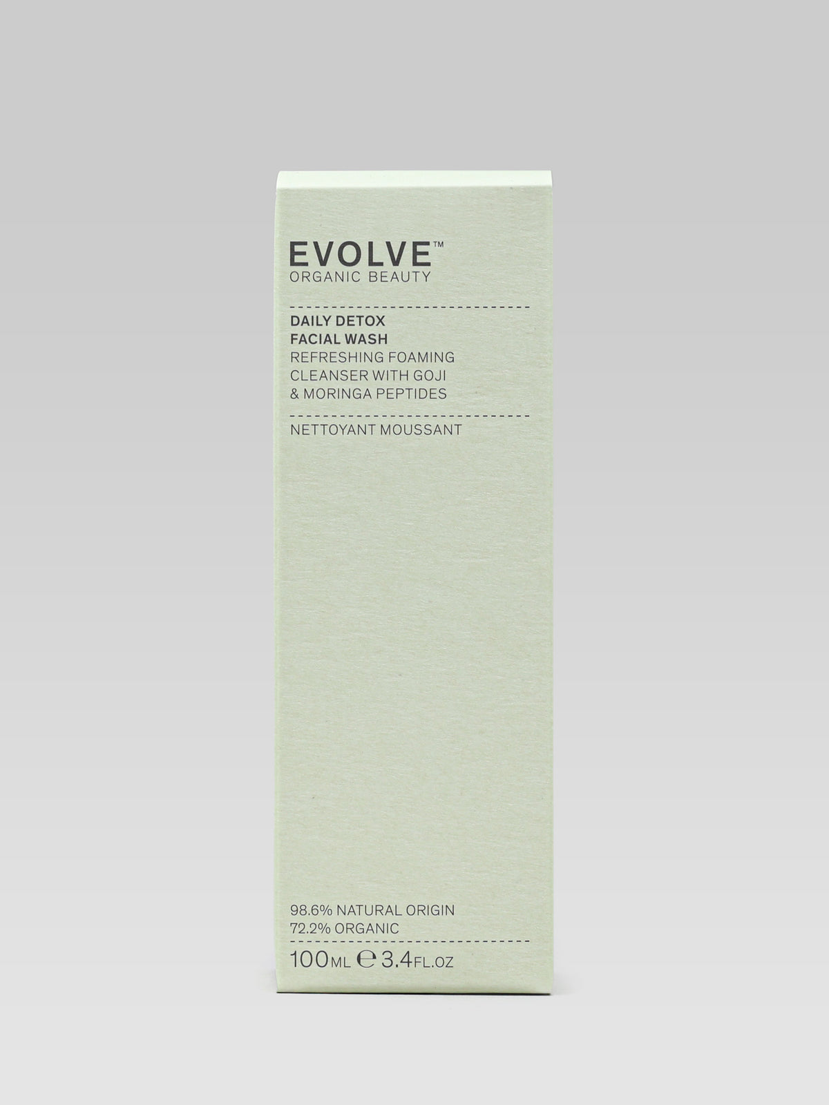 Evolve Organic Beauty Daily Detox Facial Wash foaming cleanser with goji and moringa peptides in packaging