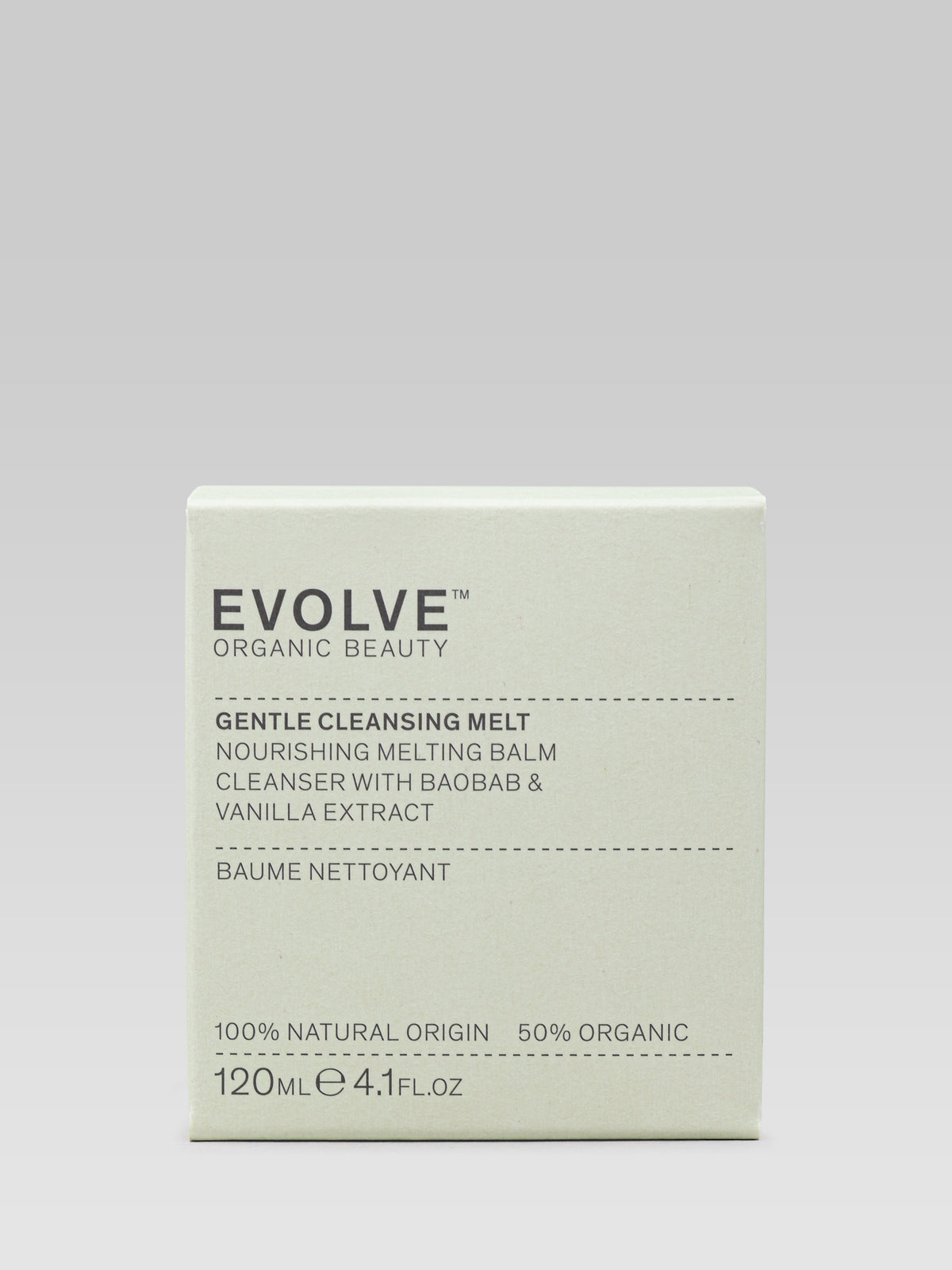 Evolve Organic Beauty Gentle Cleansing Melt nourishing balm cleanser with baobab and vanilla extract in 120ml packaging