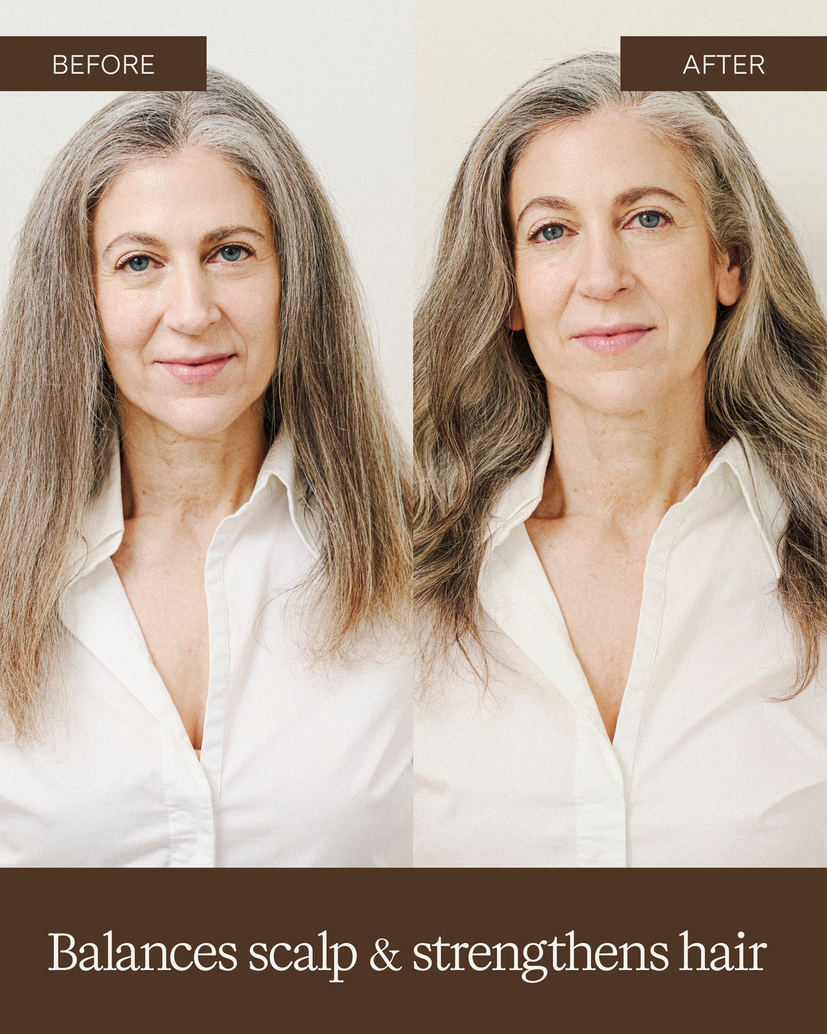 Before and after showing hair appearance after using Rahua Classic Shampoo