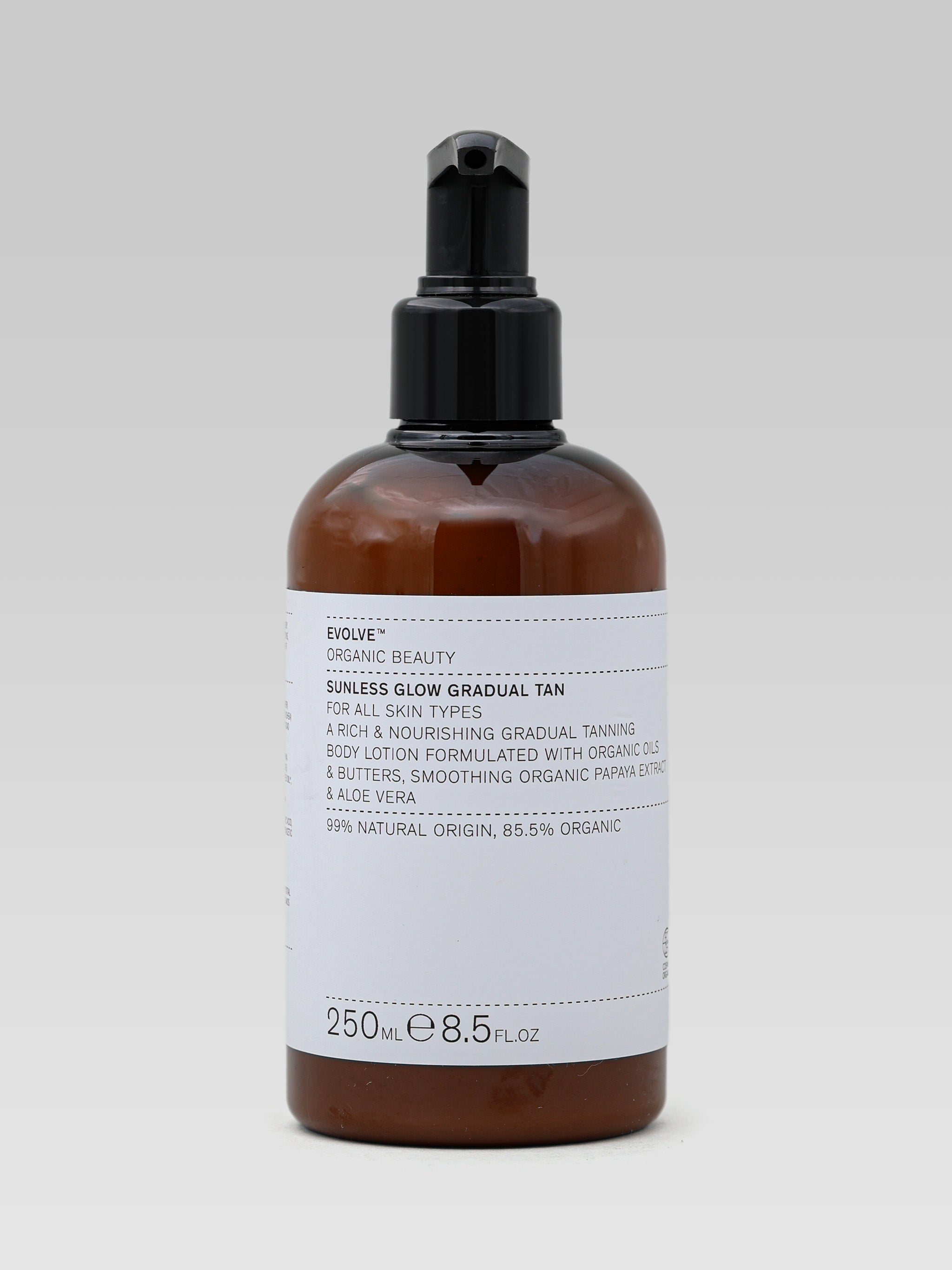 EVOLVE BEAUTY Sunless Glow Gradual Tan for all skin types a rich nourishing gradual tanining body lotion formulated with organic oils and butter, smoothing organic Papaya extract and aloe vera