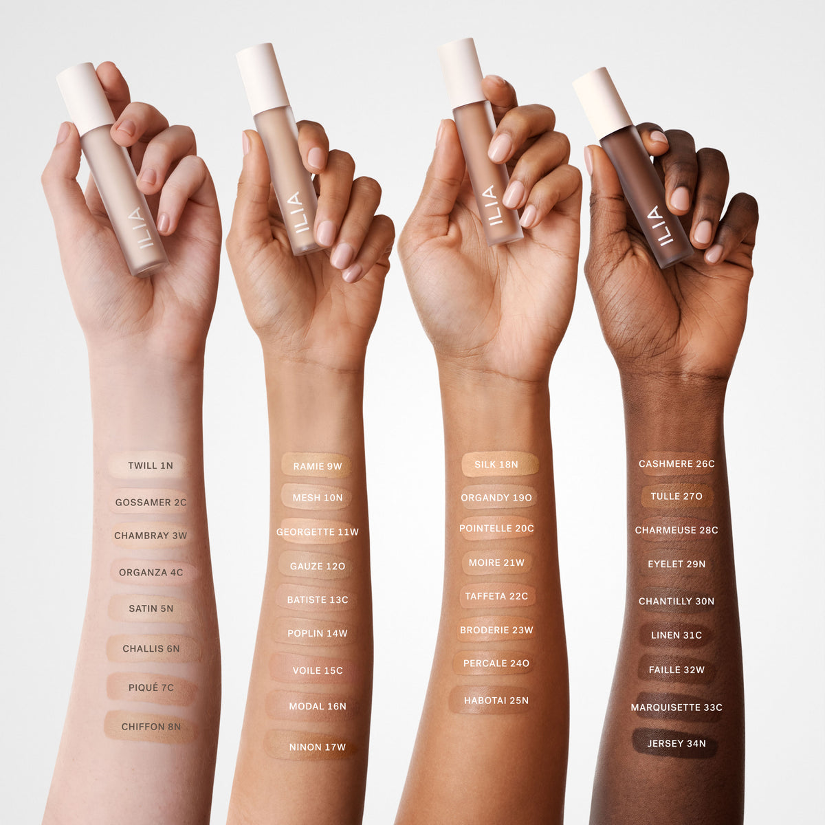 ILIA BEAUTY Skin Blur Concealer shades shown as arm swatches