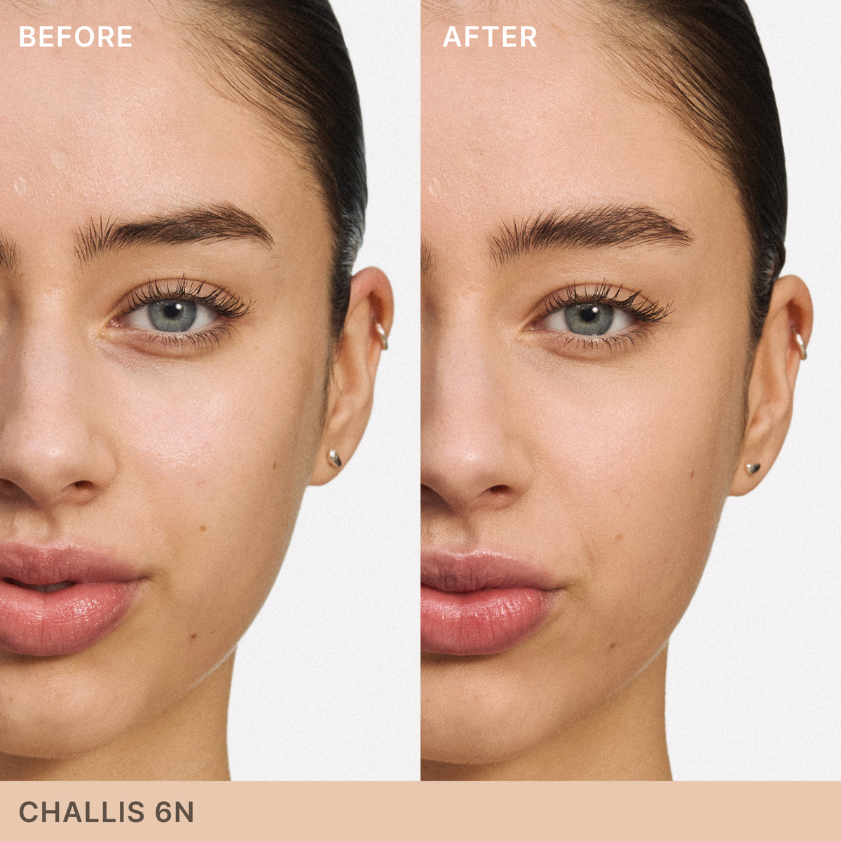 ILIA Beauty Skin Blur Concealer in Challis 6N, before-and-after comparison showing the concealer’s effect on the under-eye area and skin appearance.