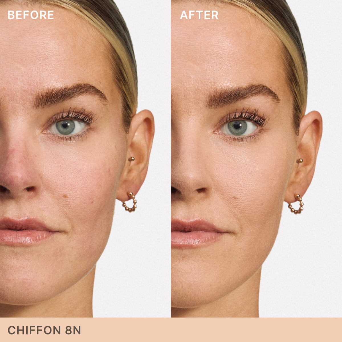 ILIA Beauty Skin Blur Concealer in Chiffon 8N, before-and-after comparison showing the concealer’s effect on the under-eye area and overall skin appearance.