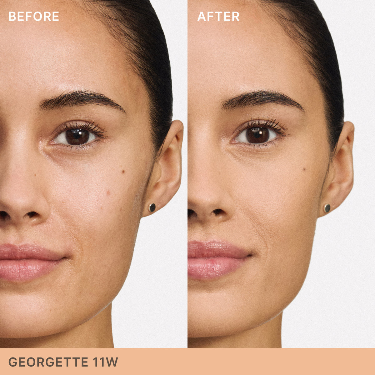 ILIA Beauty Skin Blur Concealer in Georgette 11W, before-and-after comparison showing the concealer’s effect on the appearance of skin texture and uneven skin tone.
