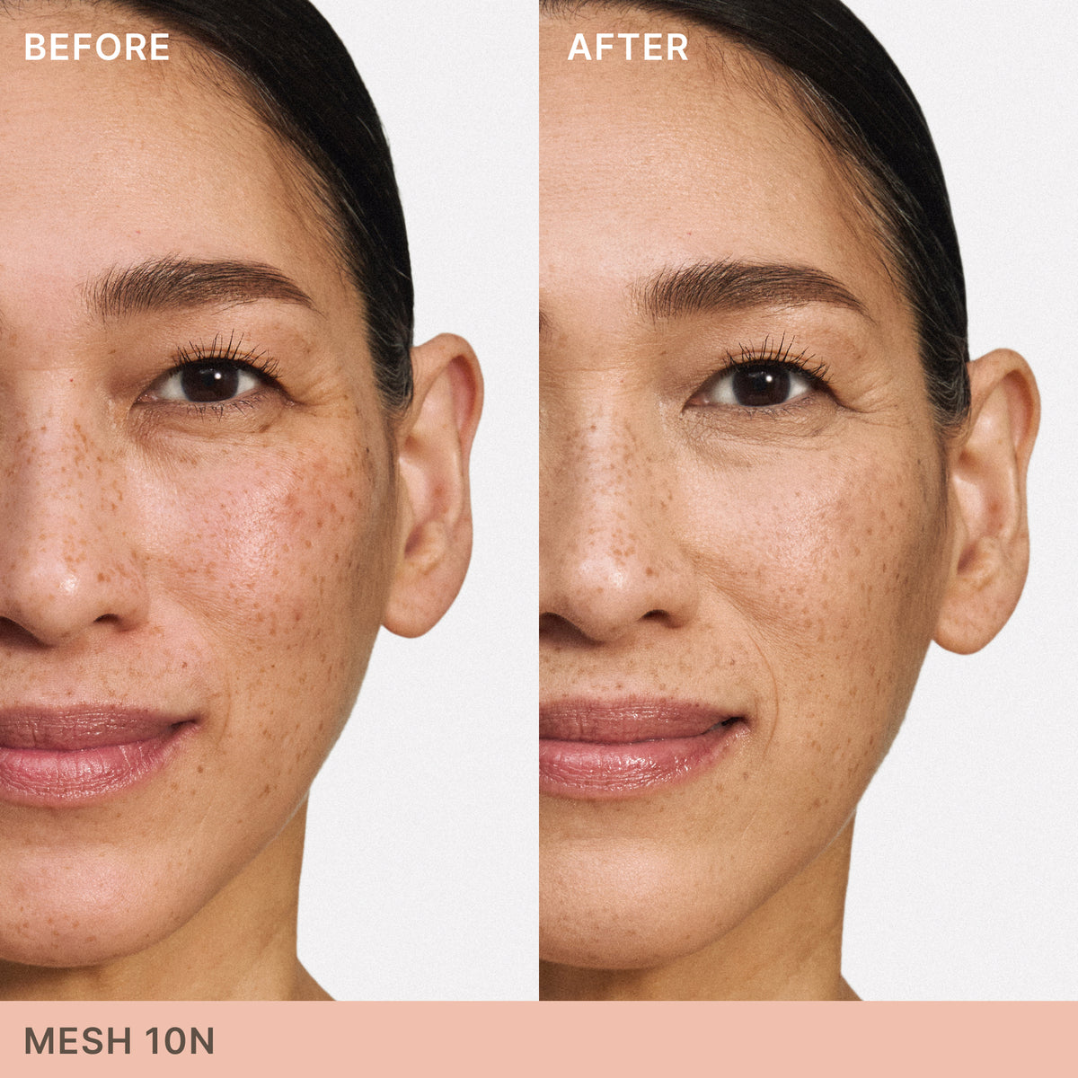 ILIA Beauty Skin Blur Concealer in Mesh 10N, before-and-after comparison showing the concealer’s effect on the appearance of skin texture and uneven skin tone.