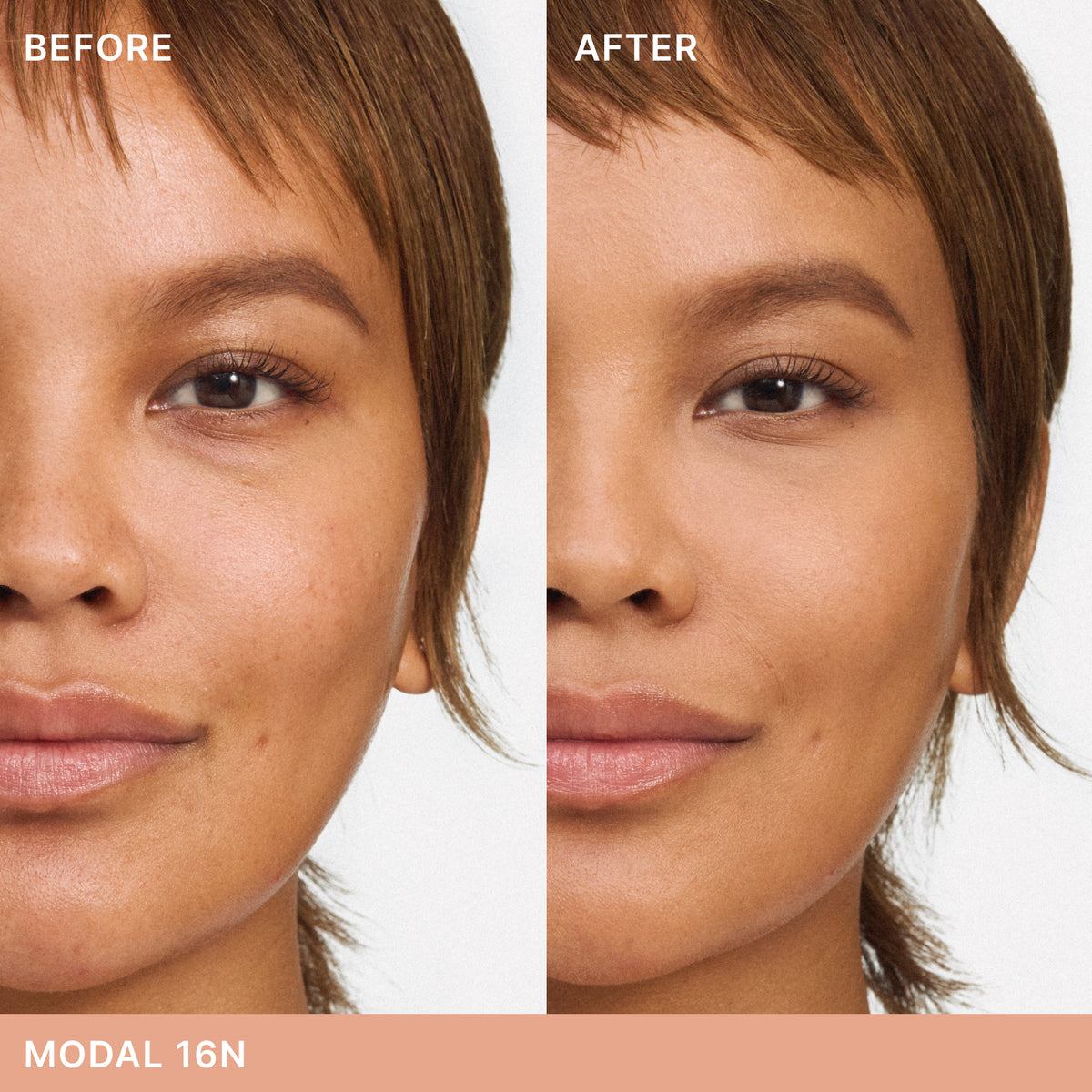 ILIA Beauty Skin Blur Concealer in Modal 16N, before-and-after comparison showing the concealer’s effect on skin texture and the appearance of uneven skin tone.