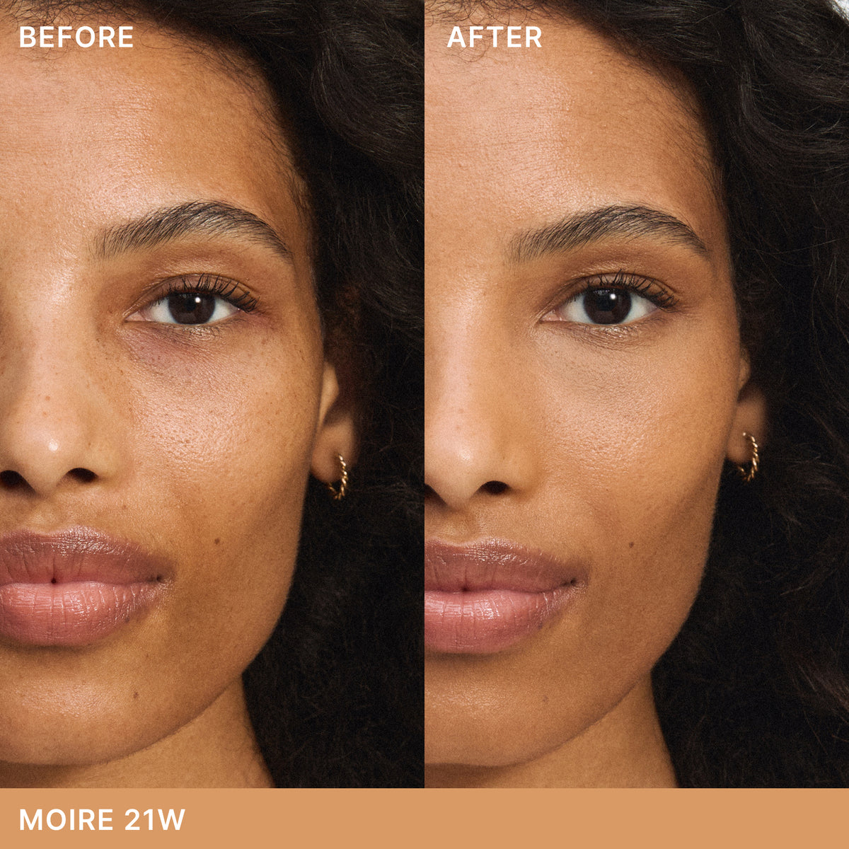 ILIA Beauty Skin Blur Concealer in Moire 21W, before-and-after comparison showing a more even-looking complexion with a smooth, natural finish on medium skin with warm undertones.