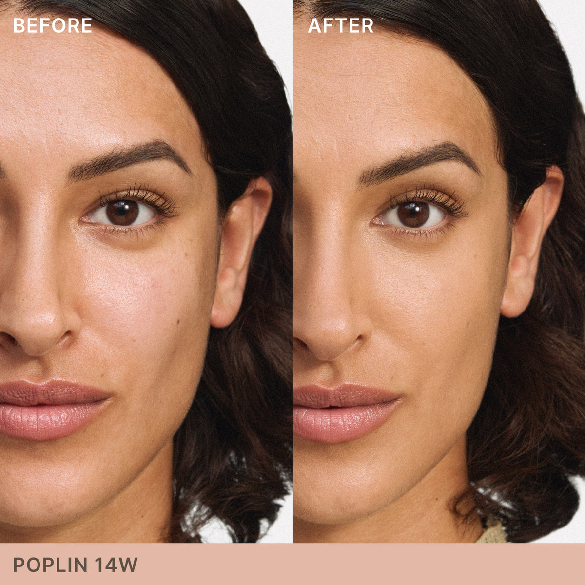 ILIA Beauty Skin Blur Concealer in Poplin 14W, before-and-after comparison showing the concealer’s effect on skin texture and the appearance of uneven skin tone.