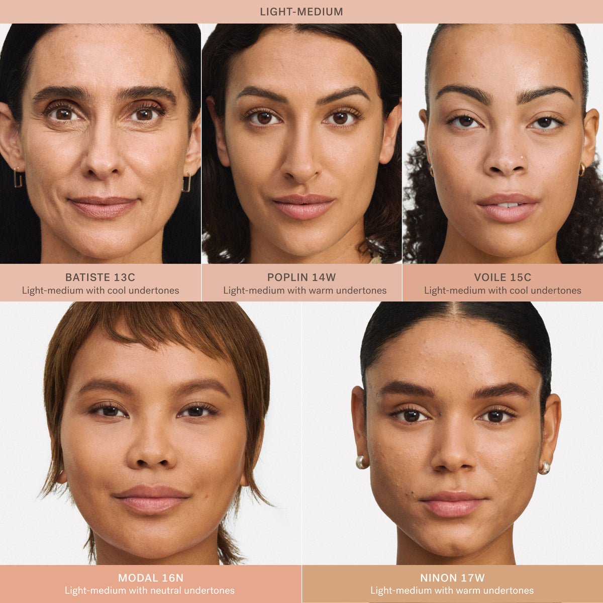 ILIA Beauty Skin Blur Concealer shade comparison in light-medium tones: Batiste 13C, Poplin 14W, Voile 15C, Modal 16N and Ninon 17W, shown on five models with cool, warm and neutral undertones.