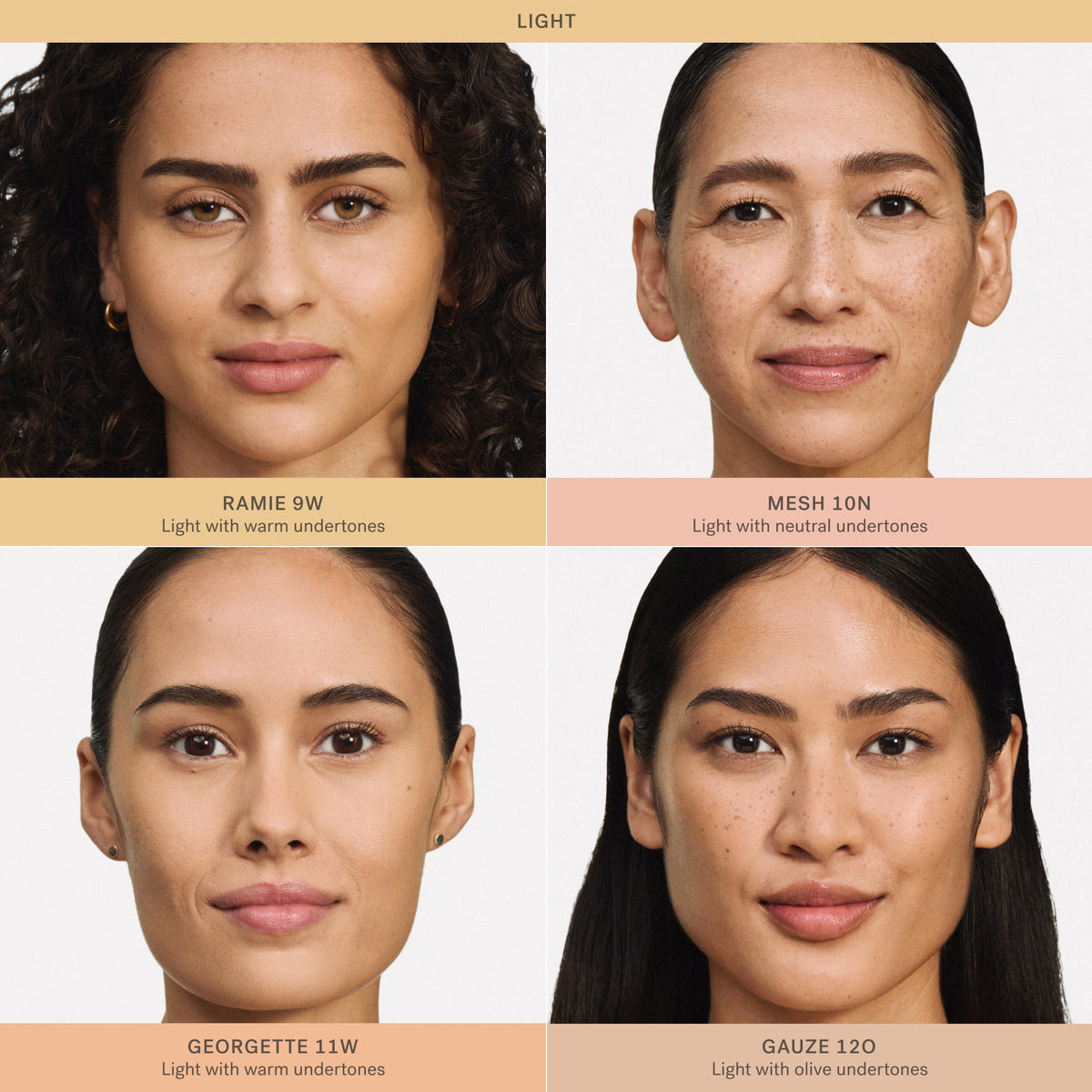 ILIA Beauty Skin Blur Concealer shade comparison in light tones: Ramie 9W, Mesh 10N, Georgette 11W and Gauze 12O, shown on four models with warm, neutral and olive undertones.