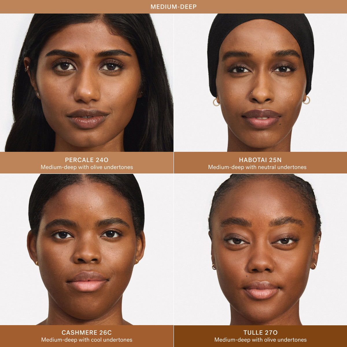 ILIA Beauty Skin Blur Concealer shade chart for medium-deep skin tones, featuring Percale 240, Habotai 25N, Cashmere 26C and Tulle 27O with different undertones.