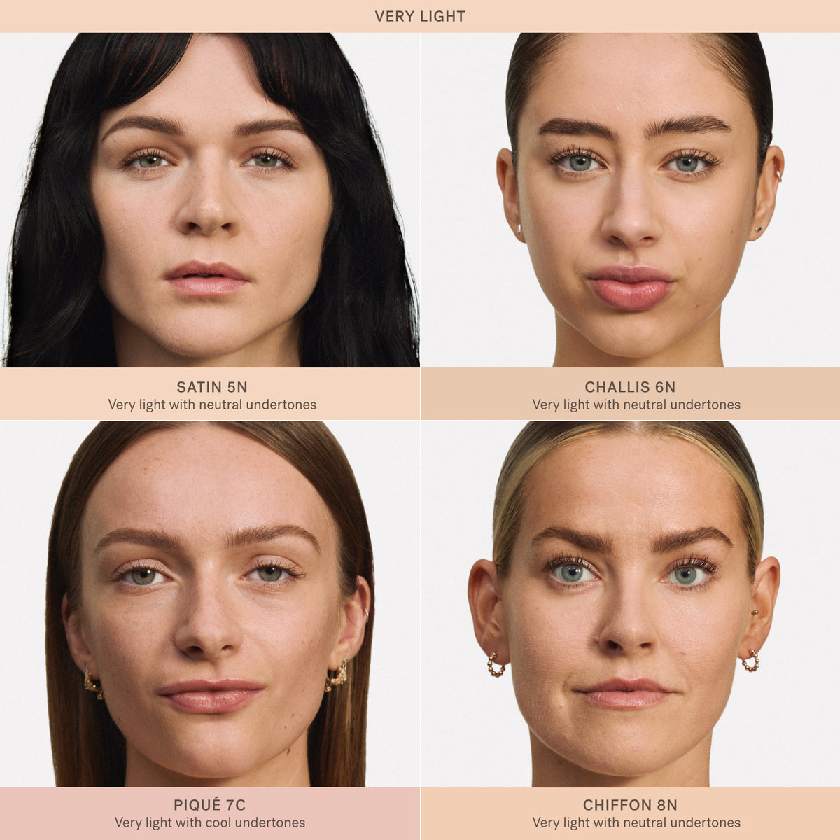ILIA Beauty Skin Blur Concealer shade comparison in very light tones: Satin 5N, Challis 6N, Piqué 7C and Chiffon 8N, showing four models with different skin tones and undertones.