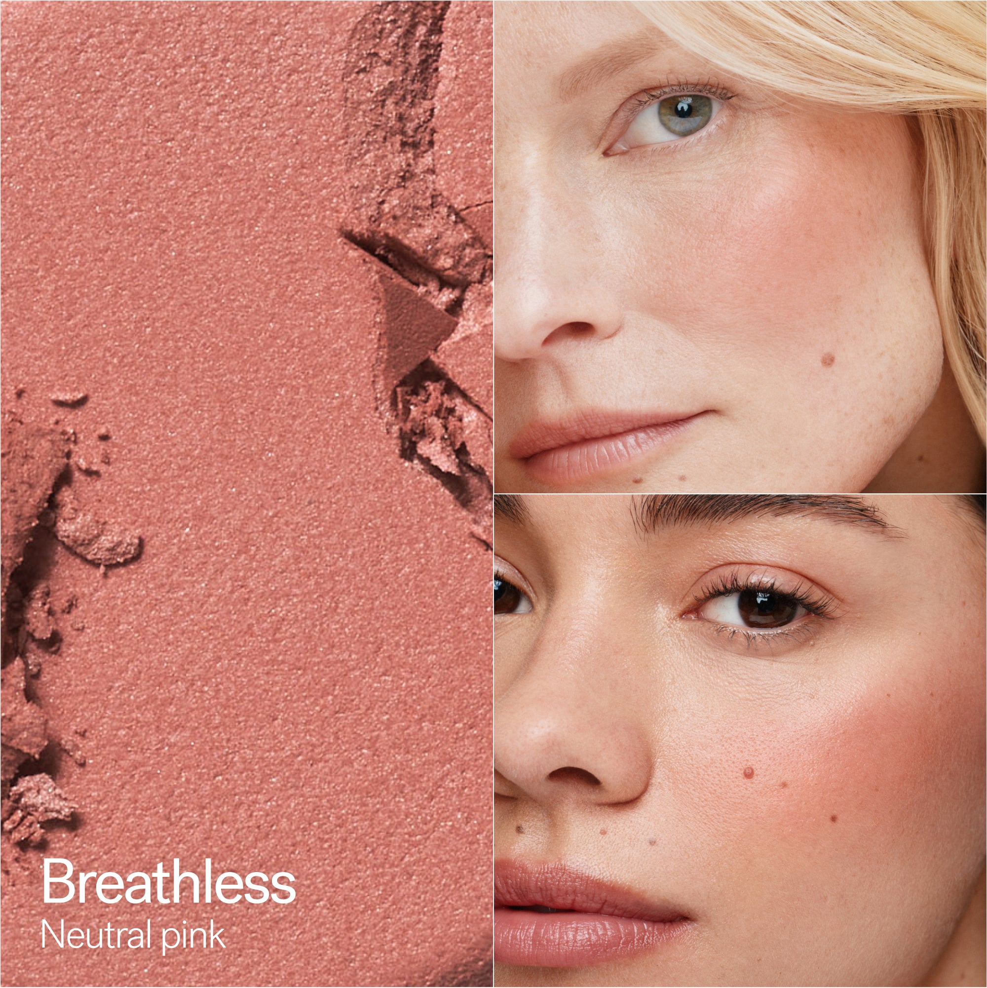 A swatch and two models wearing ILIA BEAUTY Soft Focus Blurring Blush in the color Breathless
