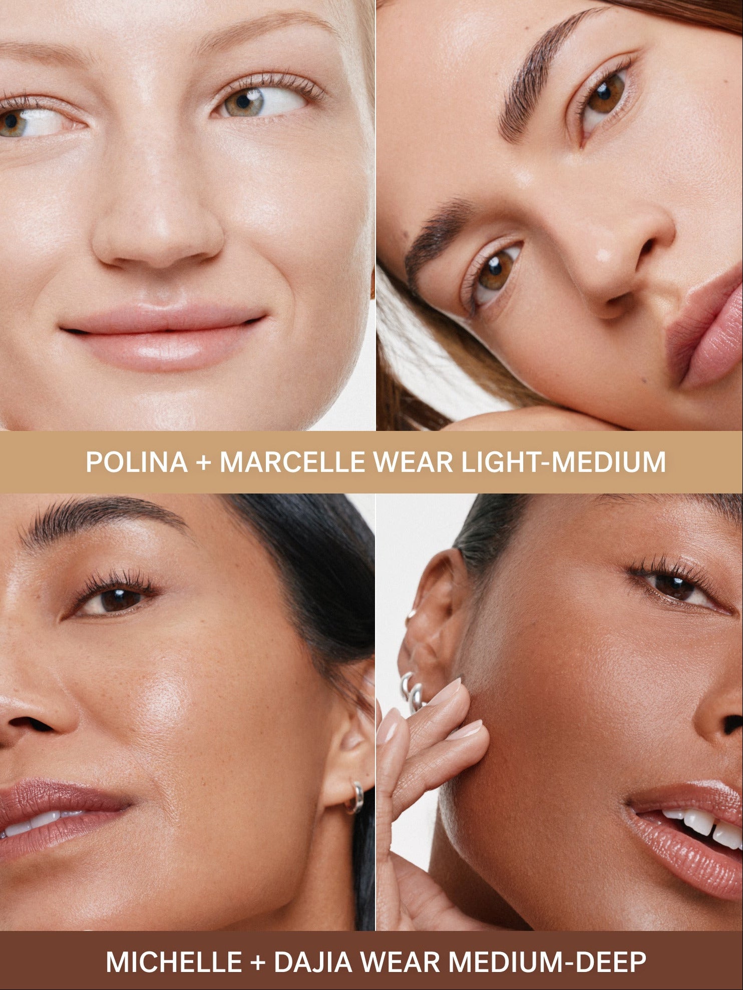 ILIA BEAUTY Sun Serum Mineral Sunscreen SPF 50 Shade Grid showing Models with four different skin tones