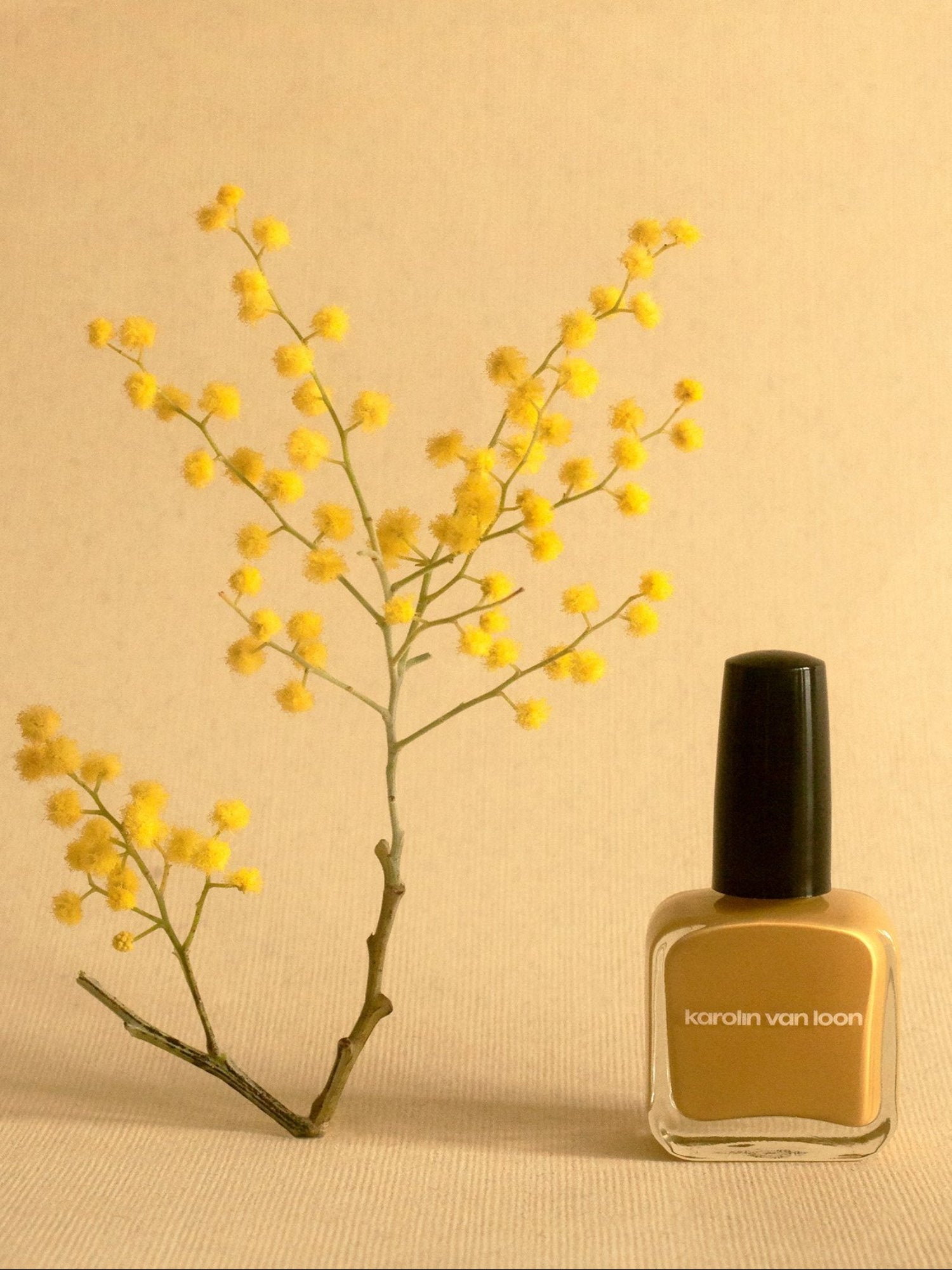 KAROLIN VAN LOON Jaune Mimosa yellow nail polish with yellow flowers