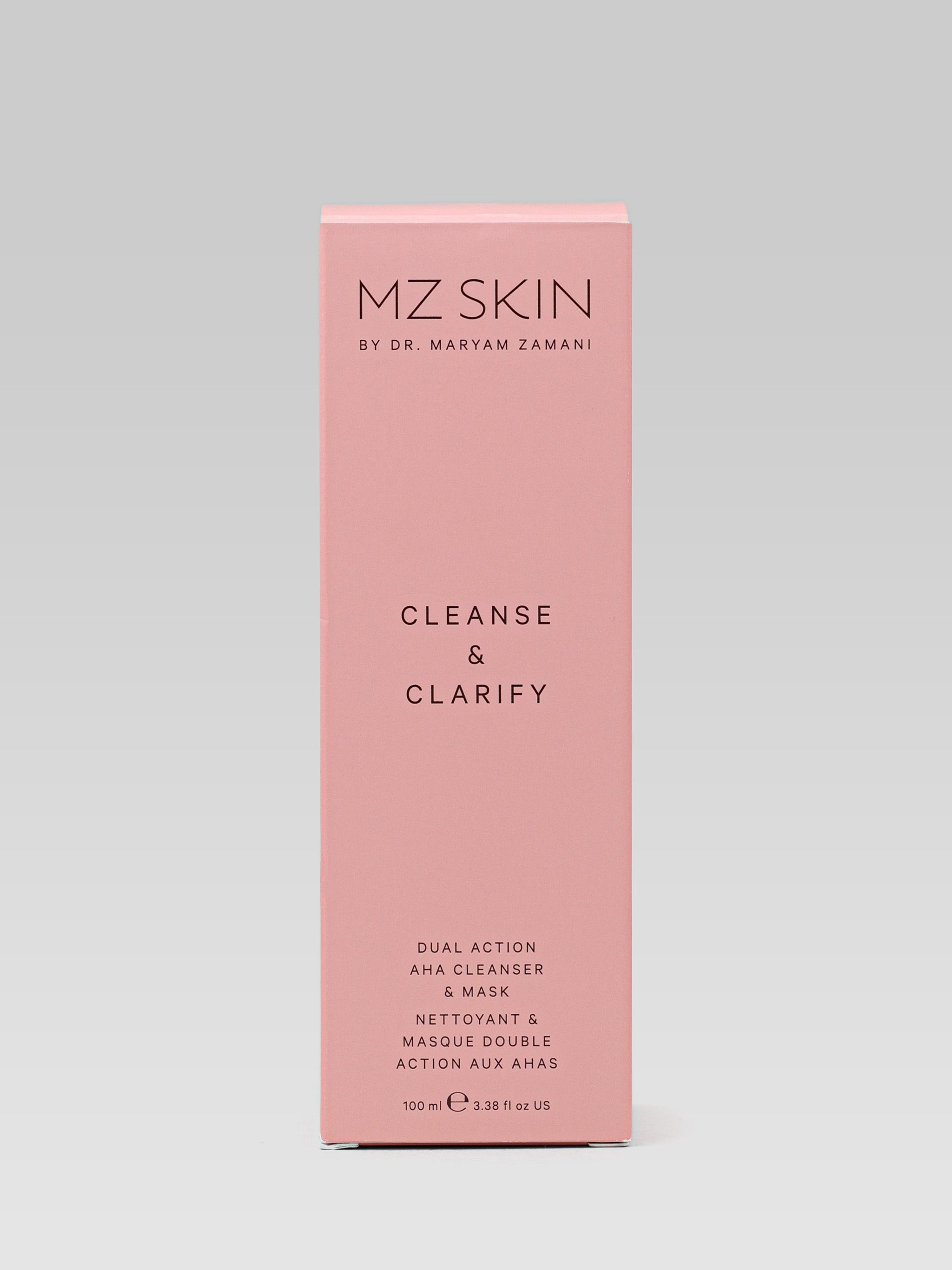 MZ Skin Cleanse and Clarify Dual Action AHA Cleanser and Mask product packaging