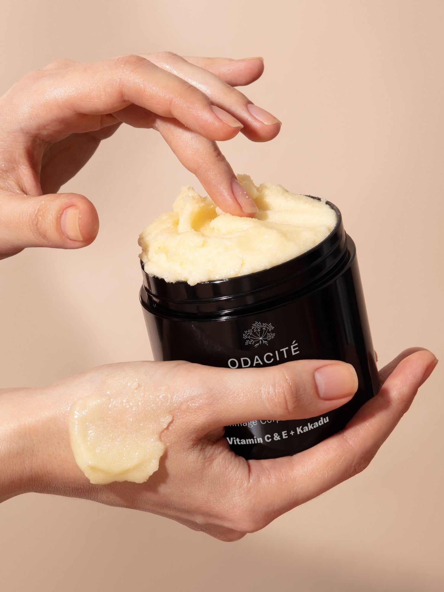 ODACITÉ C-Smooth Hydra-Firm Body Butter texture and application lifestyle image
