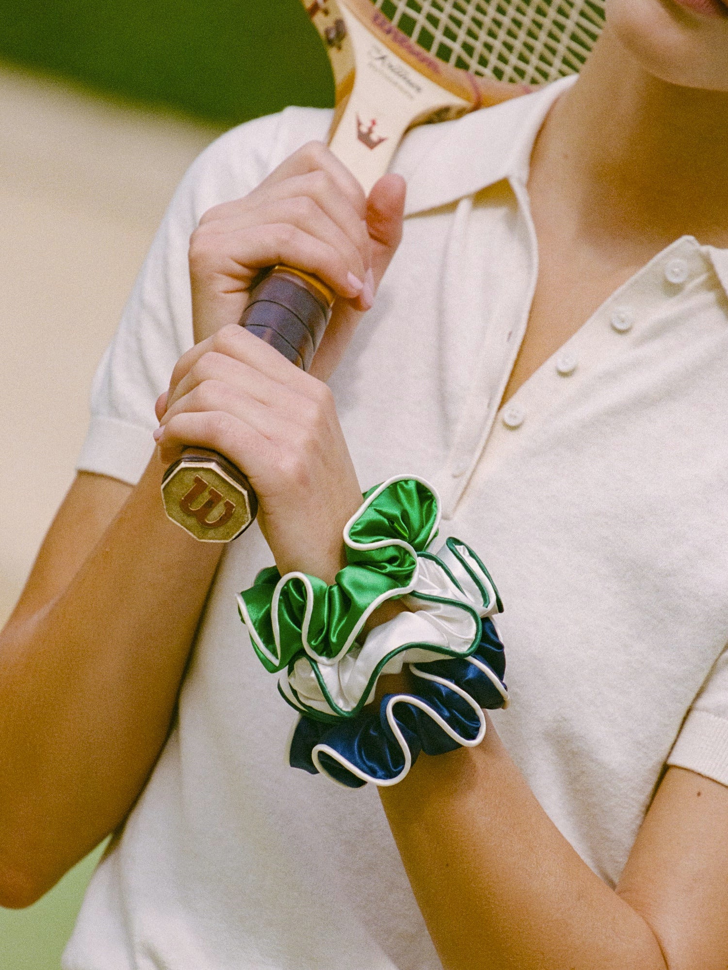 SLIP Game Day Large Scrunchies – silk scrunchies in green, white and navy blue