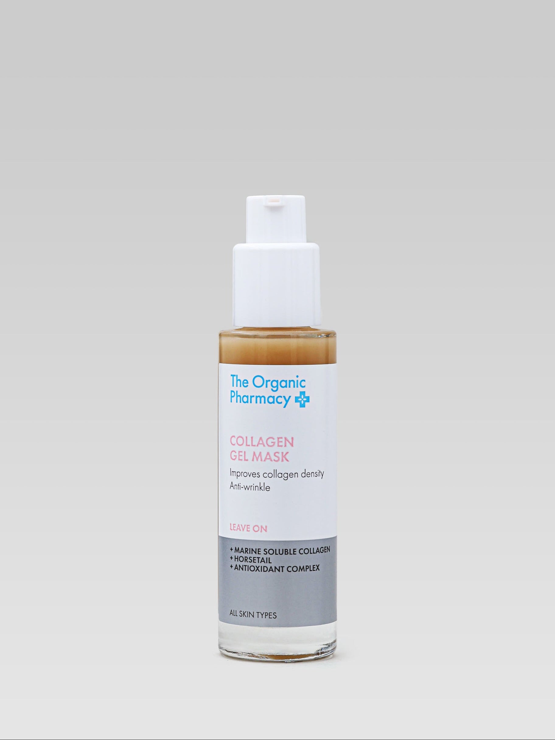 THE ORGANIC PHARMACY Collagen Gel Mask product shot Improves collagen density anti-wrinkle marine collagen horsetail antioxidant complex