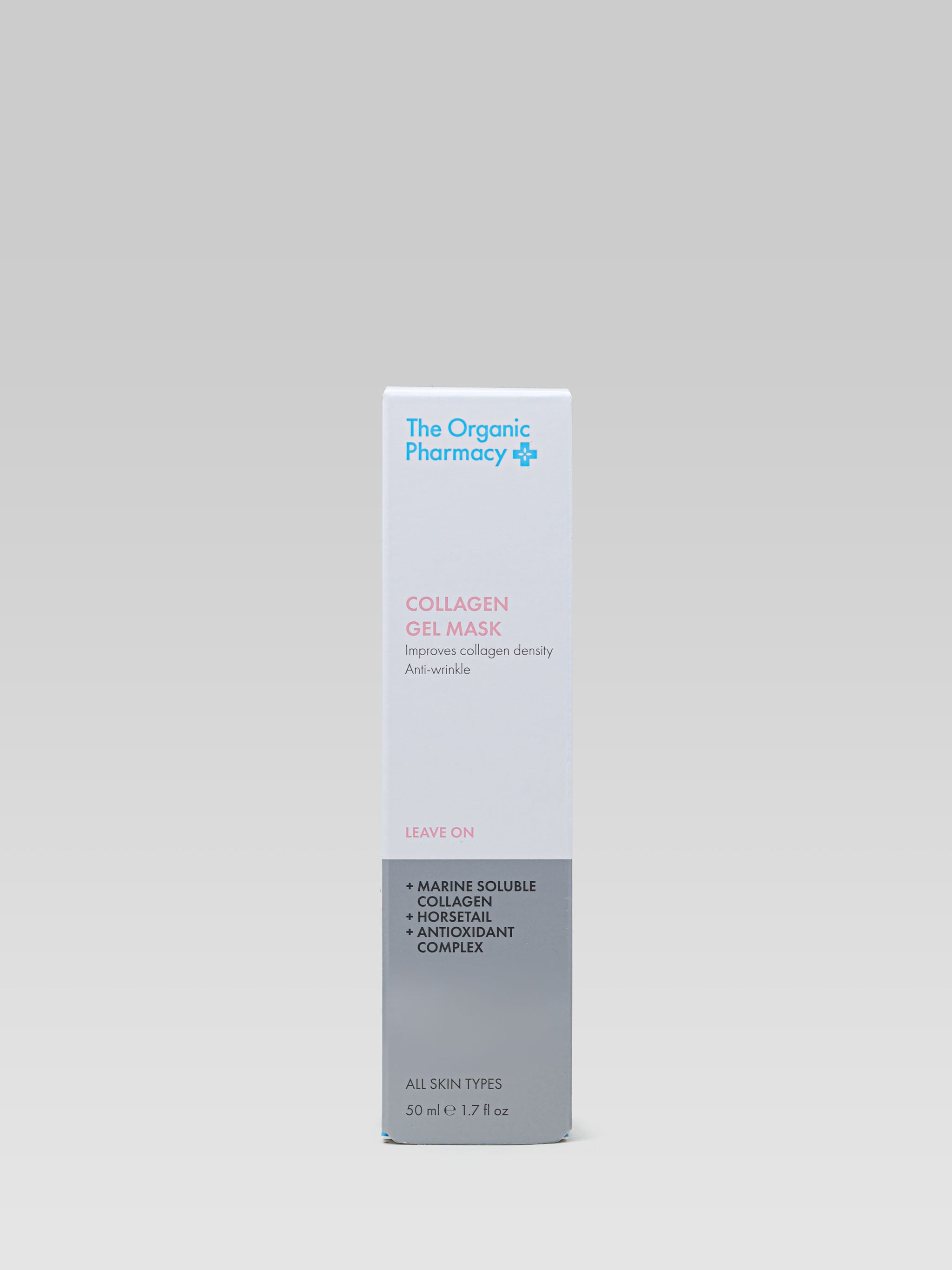 THE ORGANIC PHARMACY Collagen Gel Mask packaging Improves collagen density anti-wrinkle marine collagen horsetail antioxidant complex
