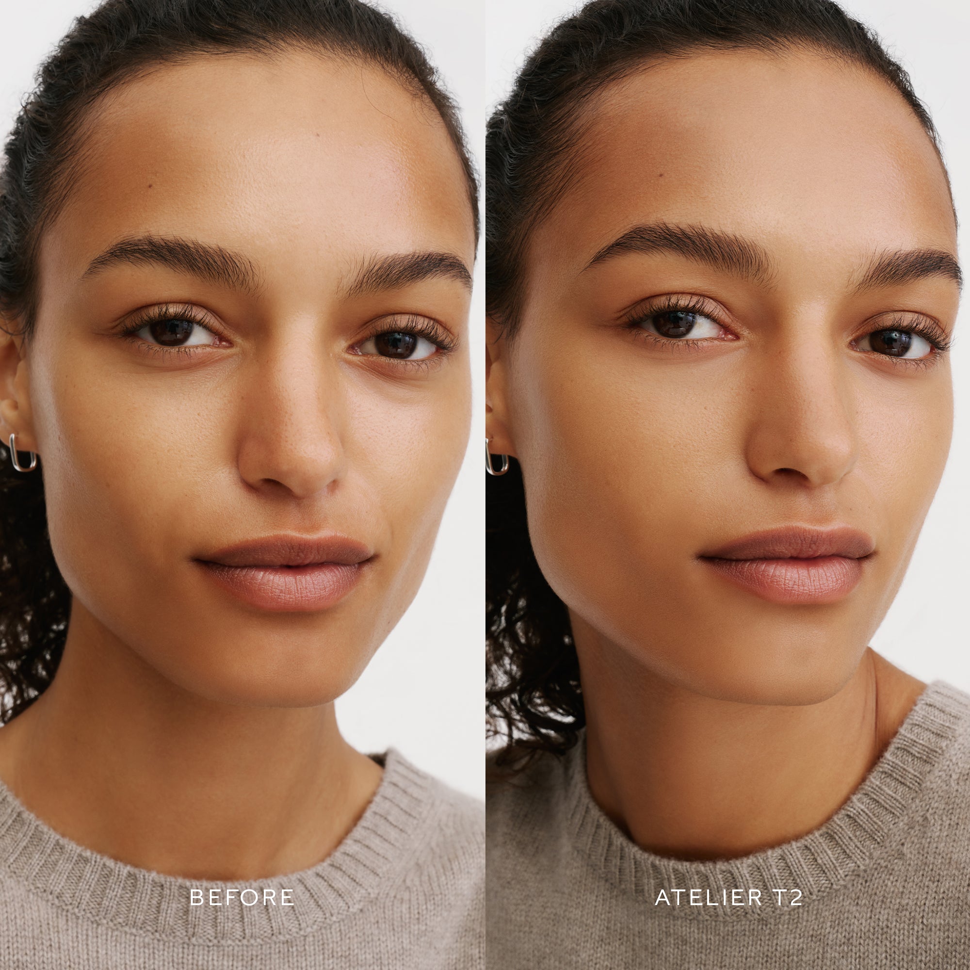 Before & After of a Model wearing the WESTMAN ATELIER Suprême Bio-Complex Liquid Foundation in the shade T2