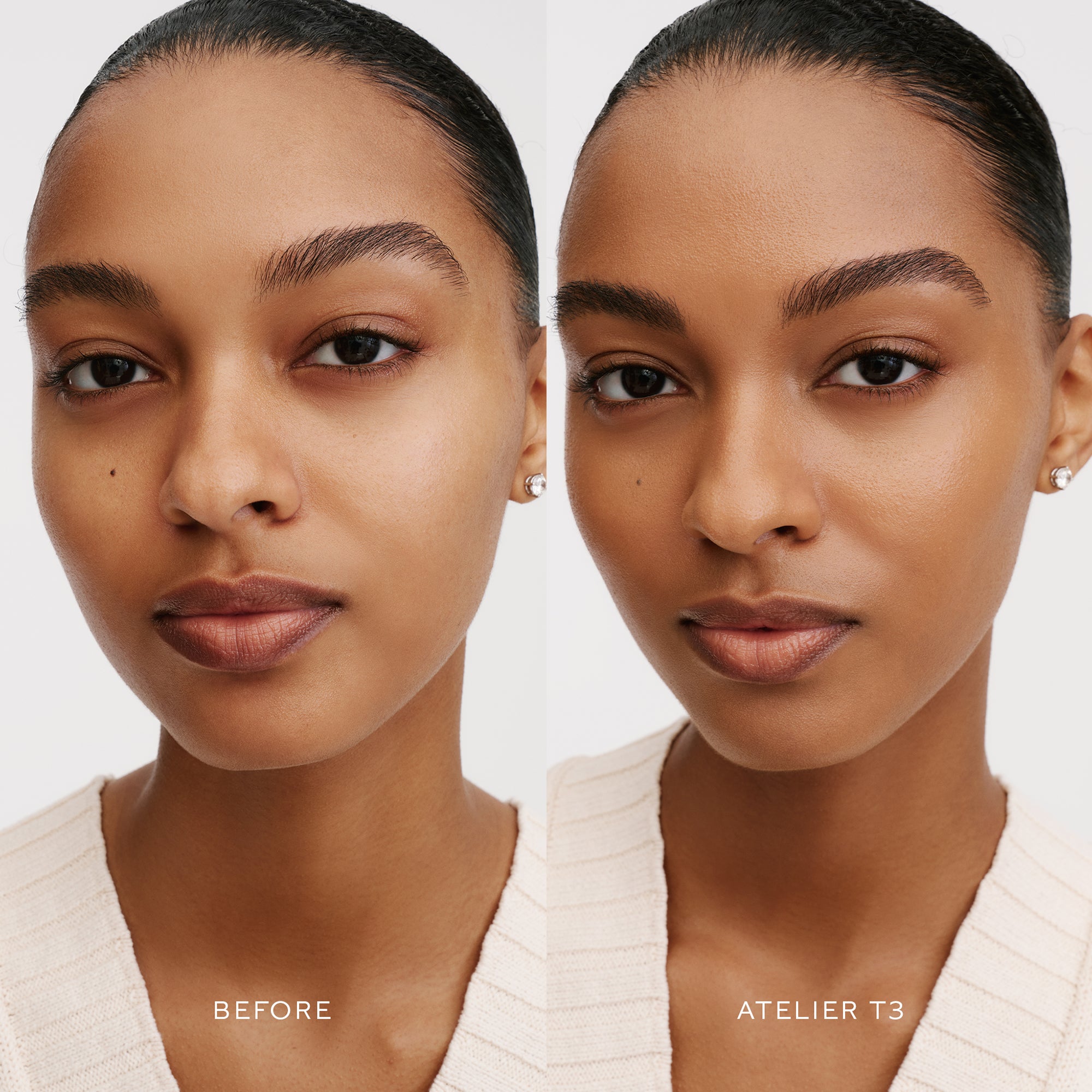 Before & After of a Model wearing the WESTMAN ATELIER Suprême Bio-Complex Liquid Foundation in the shade T3