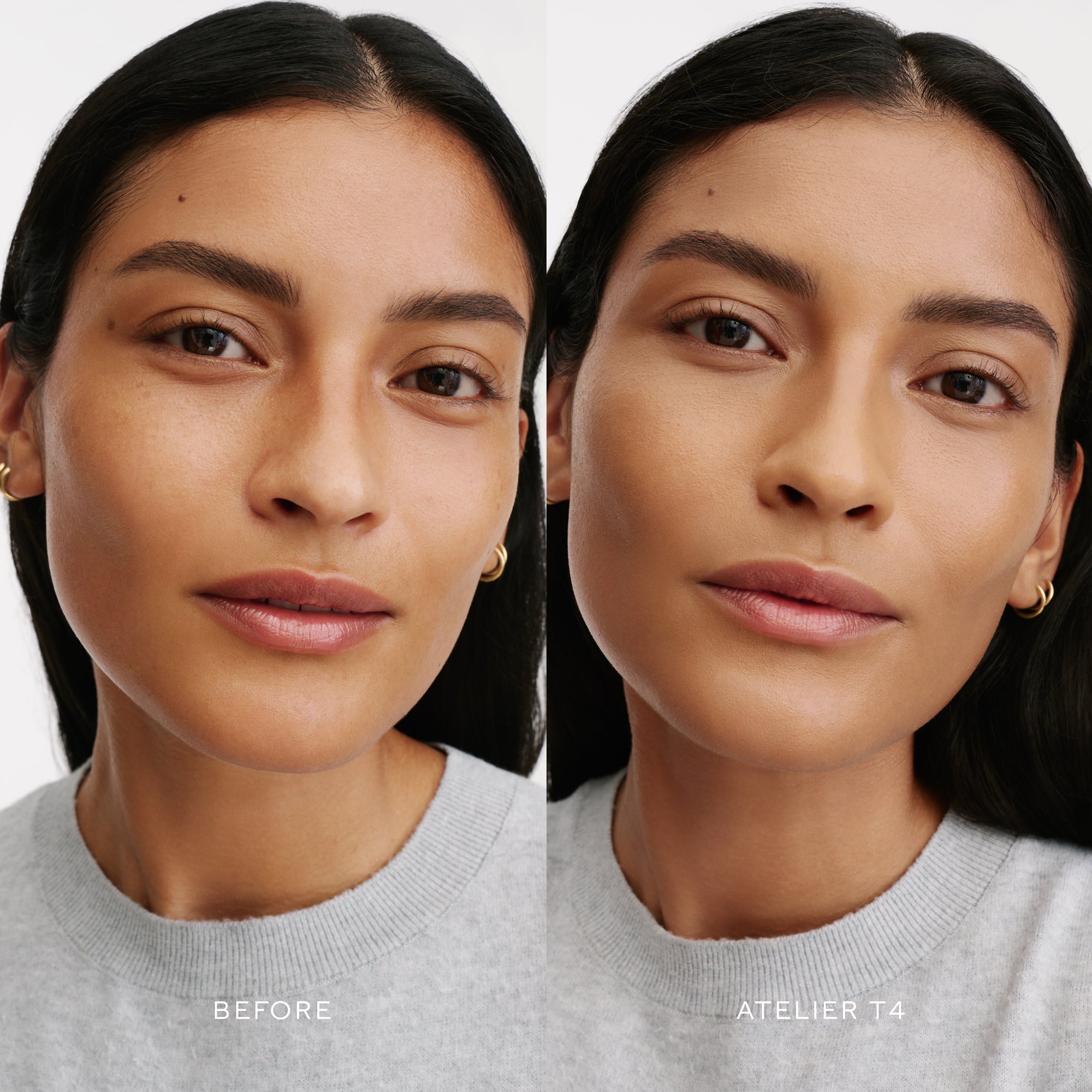 Before & After of a Model wearing the WESTMAN ATELIER Suprême Bio-Complex Liquid Foundation in the shade T4