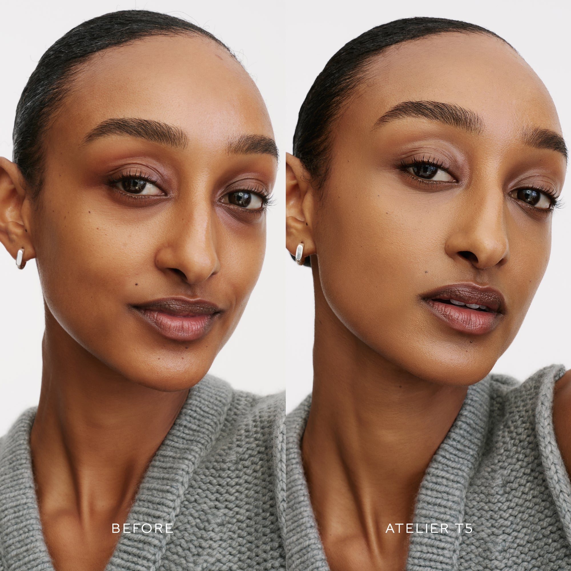 Before & After of a Model wearing the WESTMAN ATELIER Suprême Bio-Complex Liquid Foundation in the shade T5