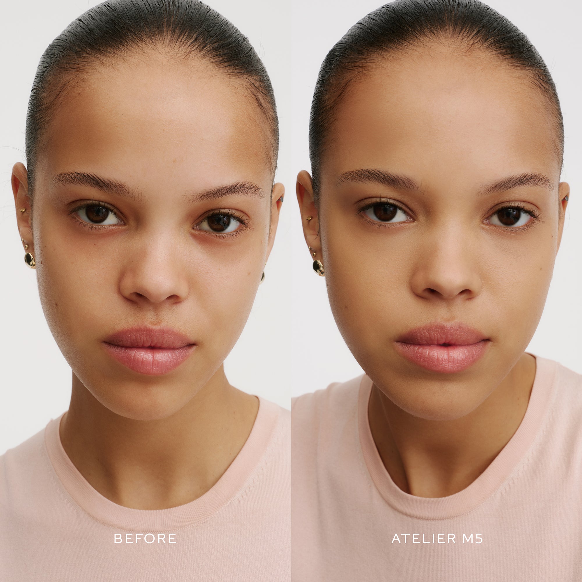 Before & After of a Model wearing the WESTMAN ATELIER Suprême Bio-Complex Liquid Foundation in the shade M5