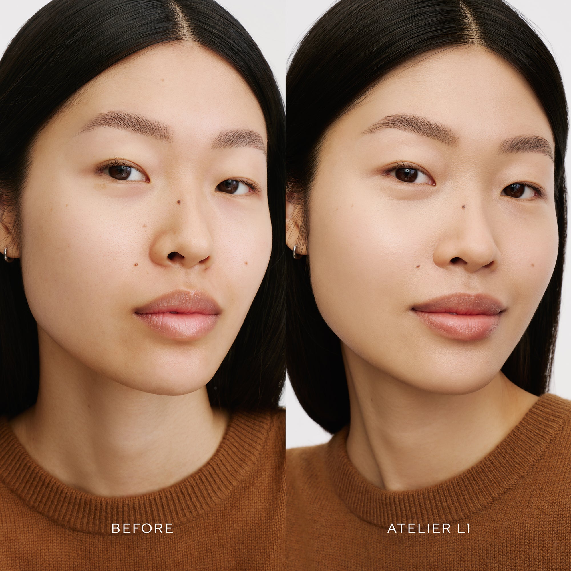 Before & After of a Model wearing the WESTMAN ATELIER Suprême Bio-Complex Liquid Foundation in the shade L1