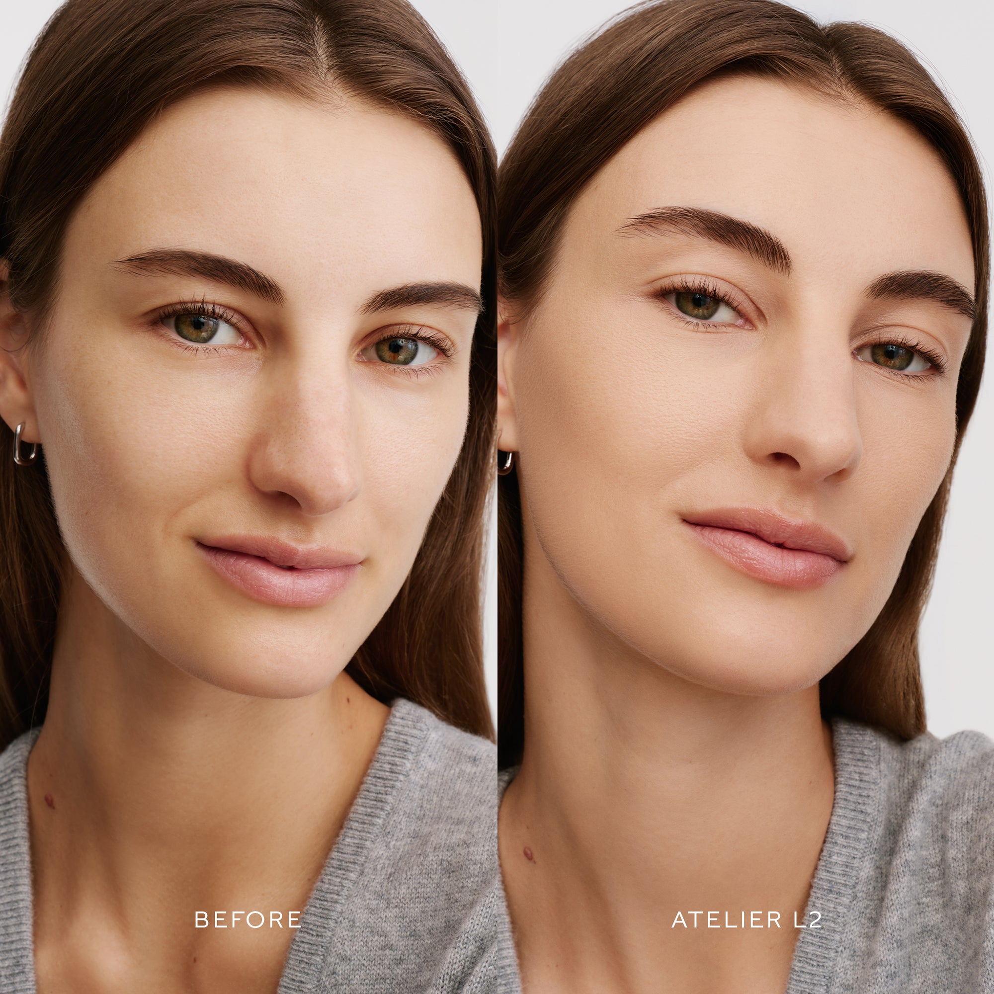 Before & After of a Model wearing the WESTMAN ATELIER Suprême Bio-Complex Liquid Foundation in the shade L2
