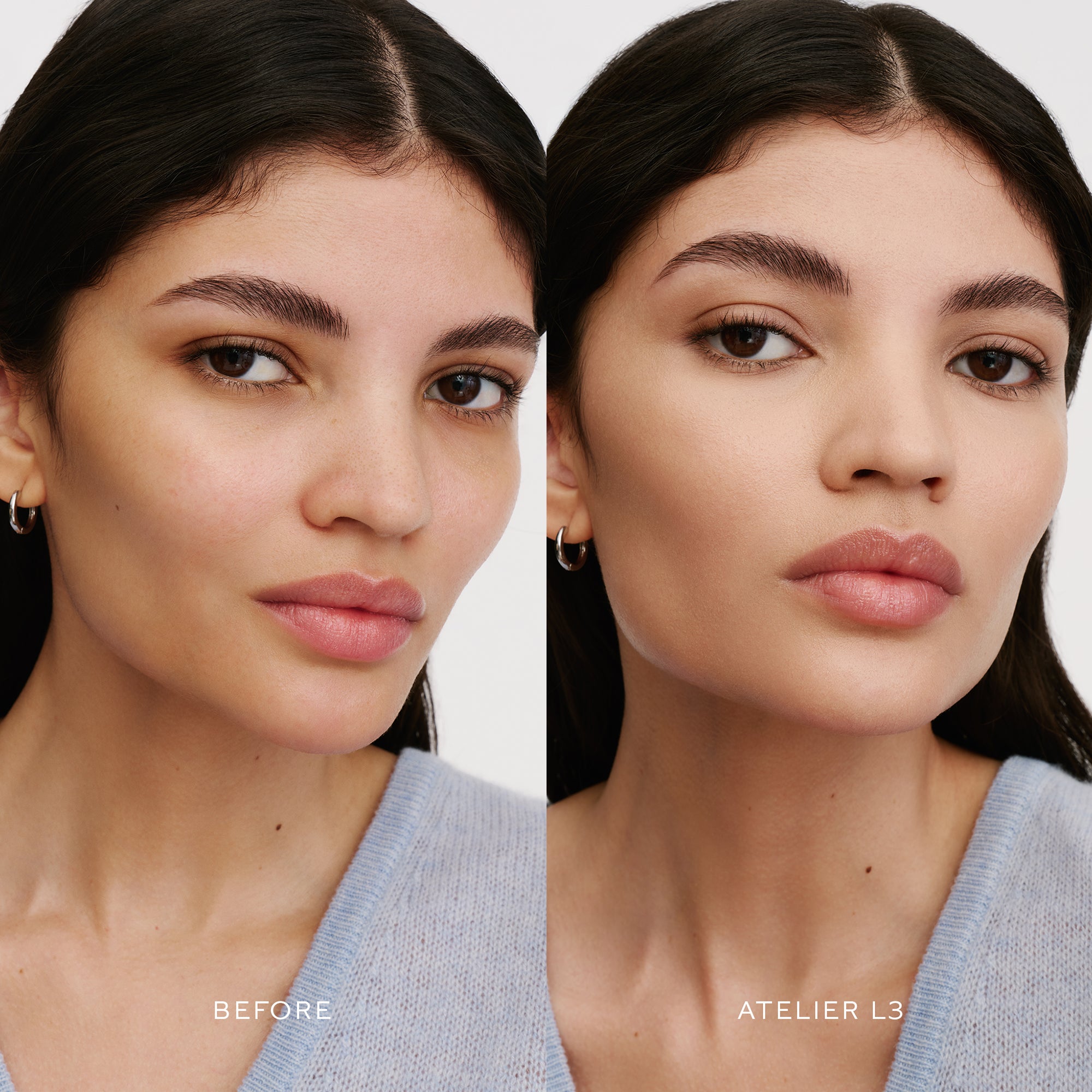 Before & After of a Model wearing the WESTMAN ATELIER Suprême Bio-Complex Liquid Foundation in the shade L3