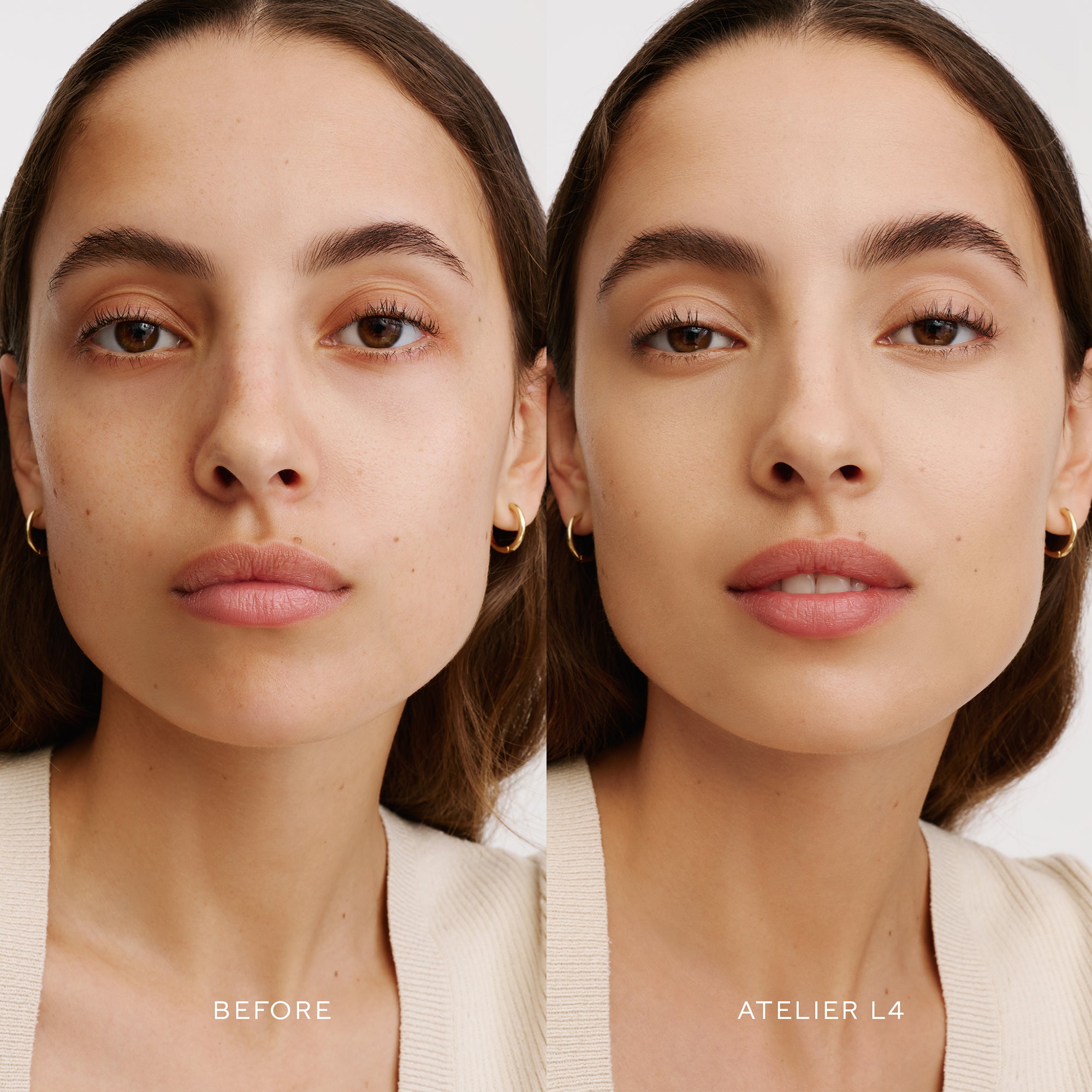 Before & After of a Model wearing the WESTMAN ATELIER Suprême Bio-Complex Liquid Foundation in the shade L4