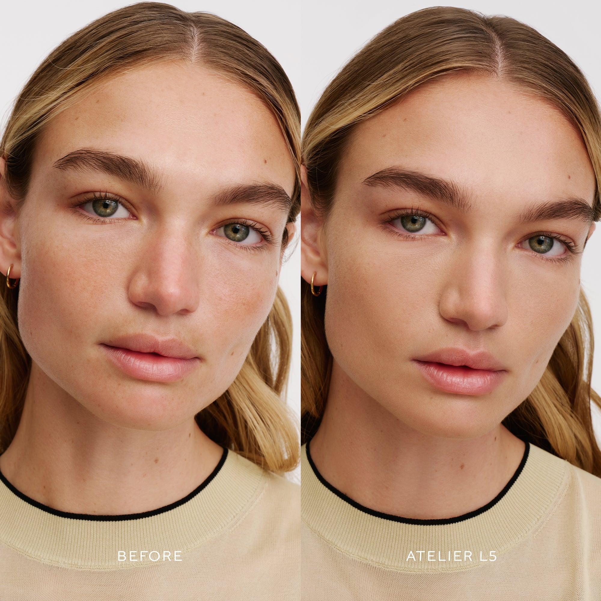 Before & After of a Model wearing the WESTMAN ATELIER Suprême Bio-Complex Liquid Foundation in the shade L5