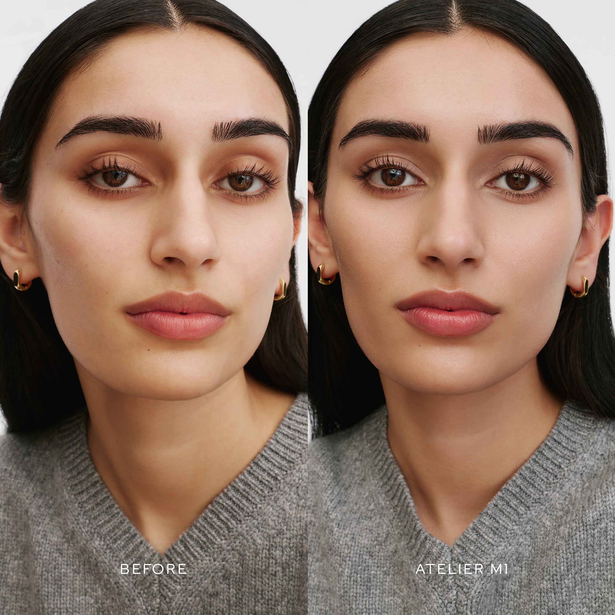 Before & After of a Model wearing the WESTMAN ATELIER Suprême Bio-Complex Liquid Foundation in the shade M1