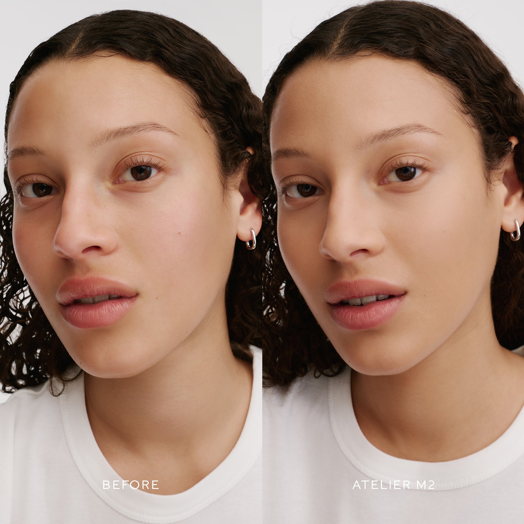 Before & After of a Model wearing the WESTMAN ATELIER Suprême Bio-Complex Liquid Foundation in the shade M2