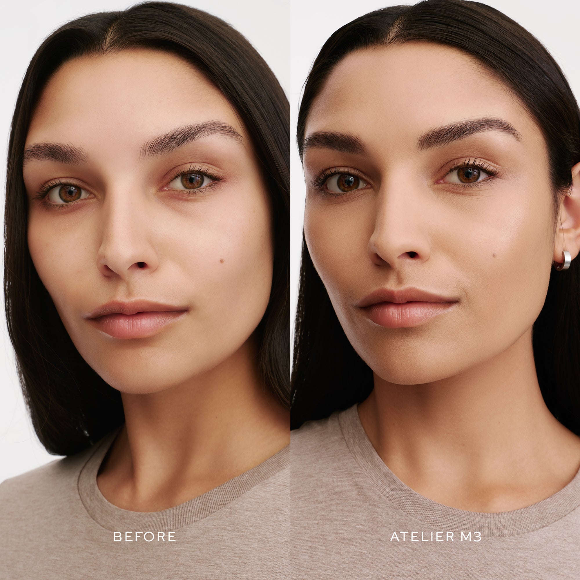 Before & After of a Model wearing the WESTMAN ATELIER Suprême Bio-Complex Liquid Foundation in the shade M3