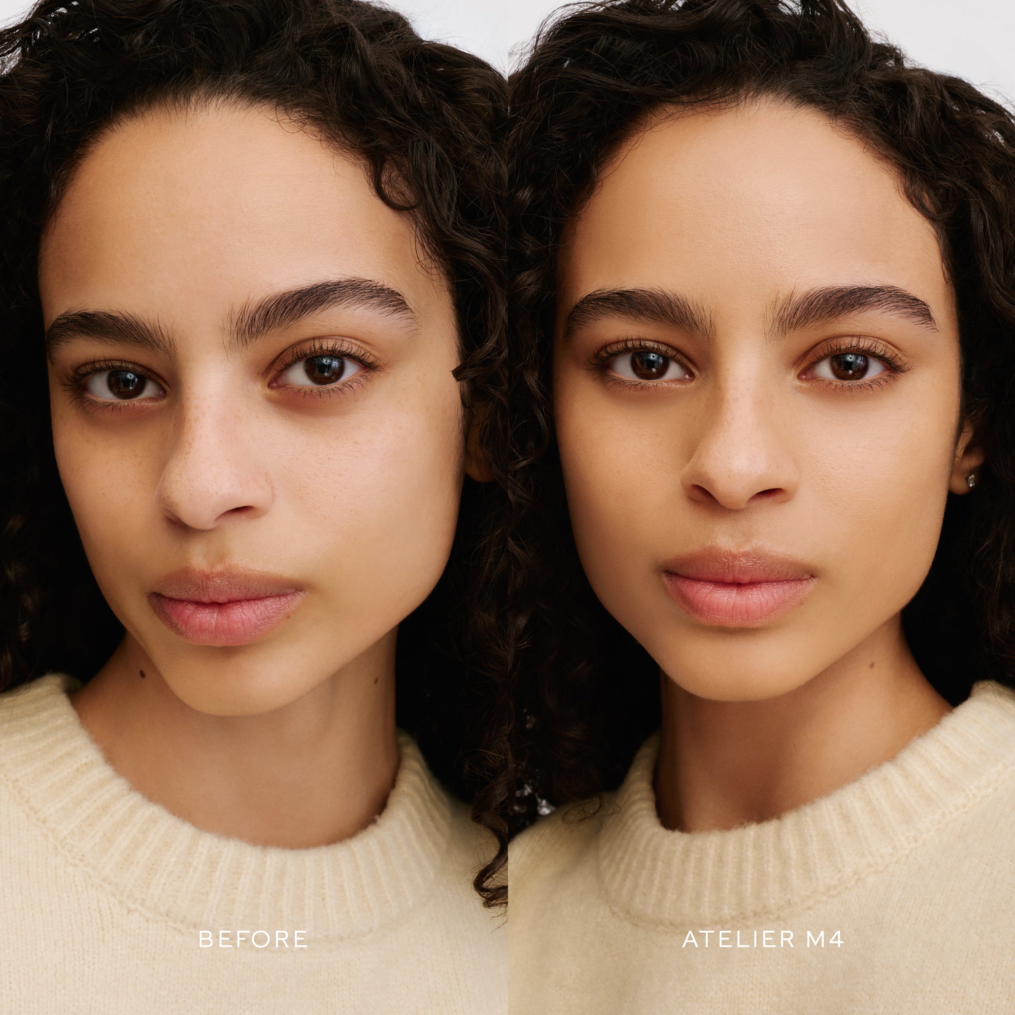 Before & After of a Model wearing the WESTMAN ATELIER Suprême Bio-Complex Liquid Foundation in the shade M4