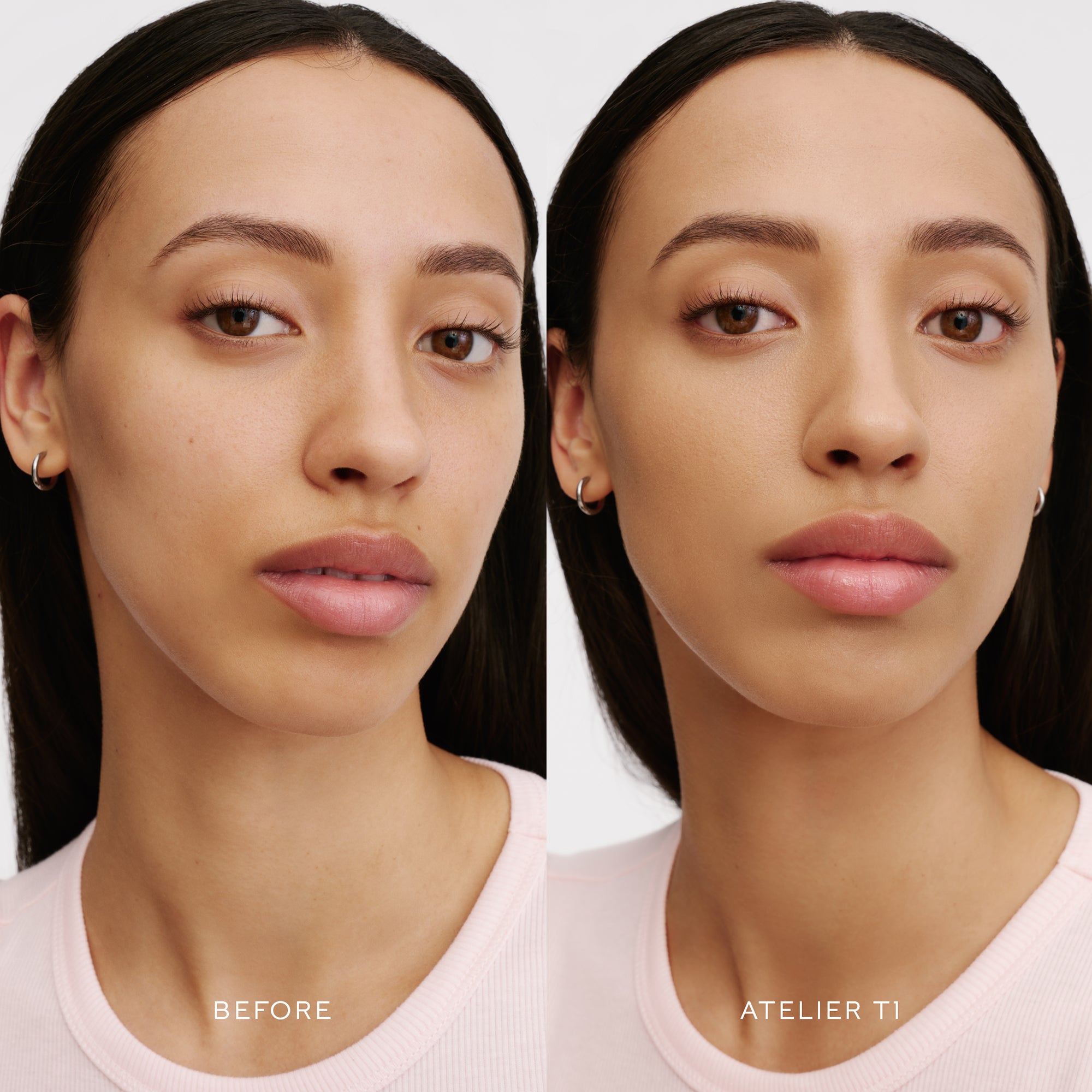 Before & After of a Model wearing the WESTMAN ATELIER Suprême Bio-Complex Liquid Foundation in the shade T1