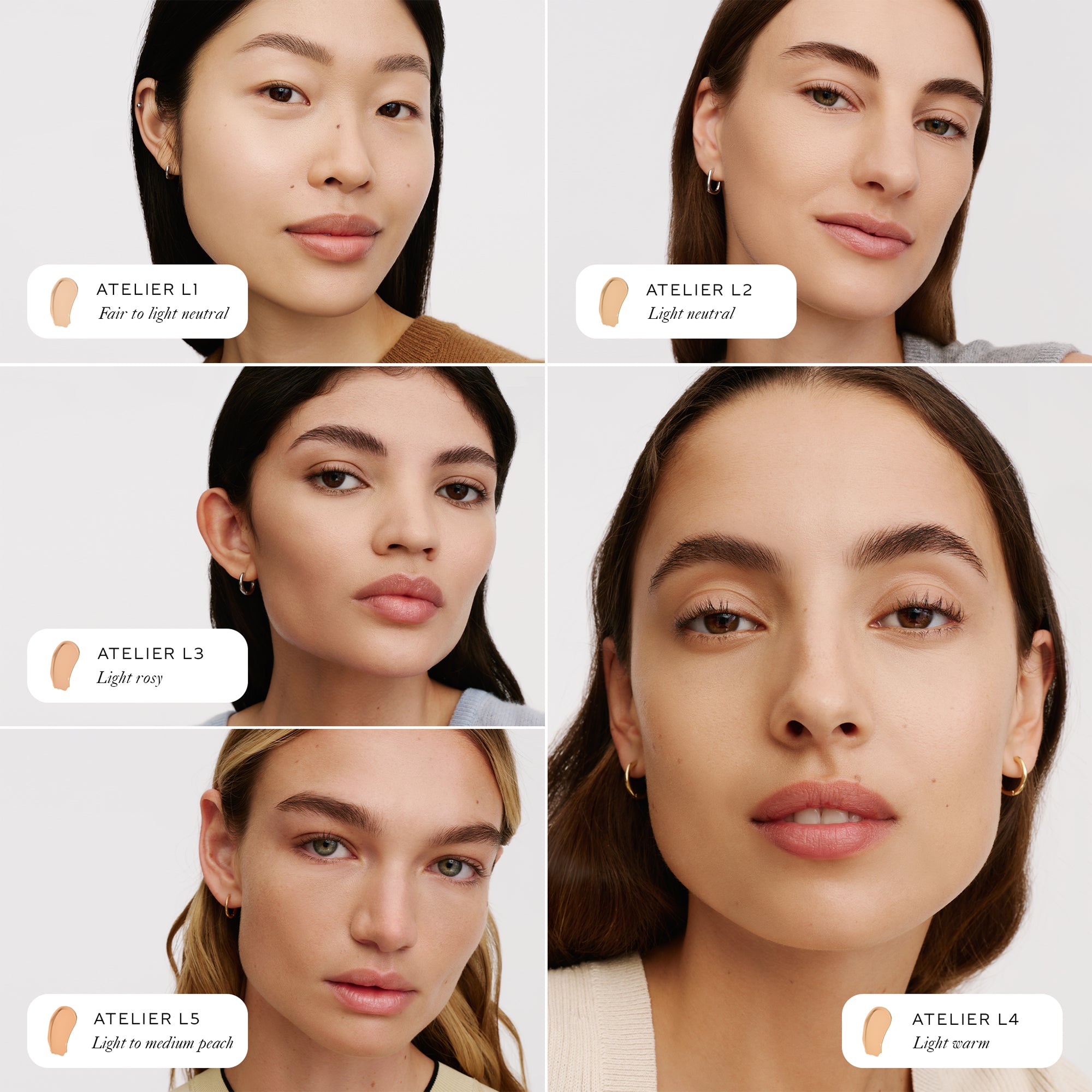 A comparison grid showing five different faces with slight variations in skin tone, each wearing a different WESTMAN ATELIER Suprême Bio-Complex Liquid Foundation in a fair shade, ranging from Atelier L1 to Atelier L5